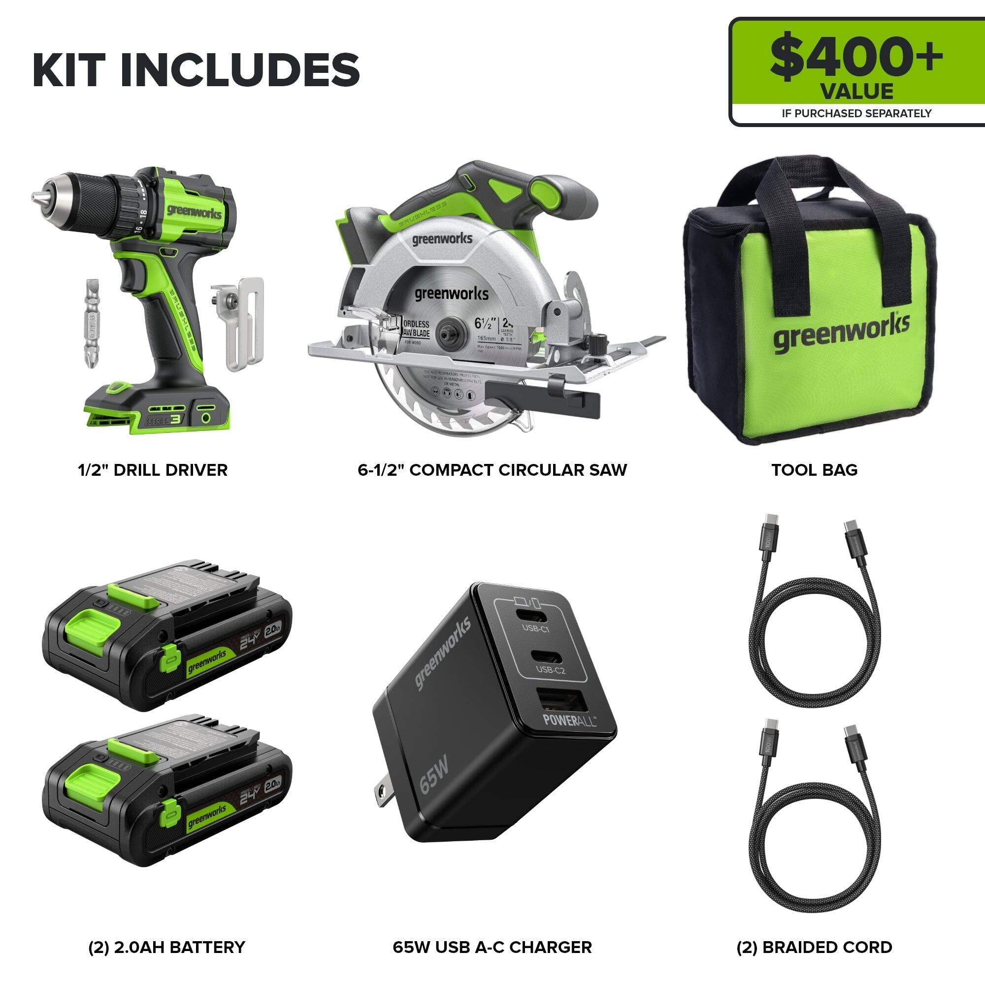 KIT INCLUDES

- 1/2" DRILL DRIVER
- 6-1/2" COMPACT CIRCULAR SAW
- TOOL BAG
- (2) 2.0AH BATTERY
- 65W USB A-C CHARGER
- (2) BRAIDED CORD

$400+ VALUE IF PURCHASED SEPARATELY