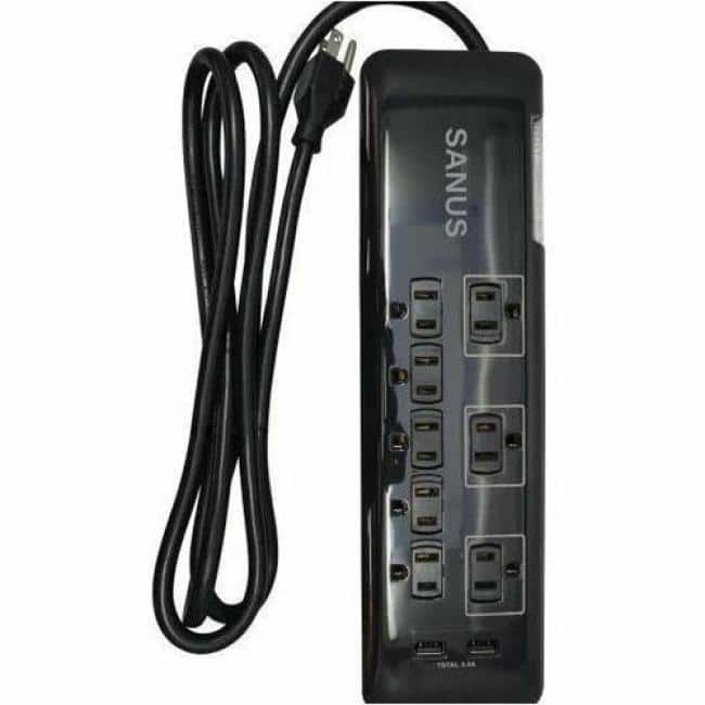 Sanus - Surge Protected 8 Outlet Power Strip with USB Ports - 8 x AC Power, 2 x USB - 6 ft Cord - 2160 J Surge - Black