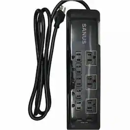 Sanus - Surge Protected 8 Outlet Power Strip with USB Ports - 8 x AC Power, 2 x USB - 6 ft Cord - 2160 J Surge - Black