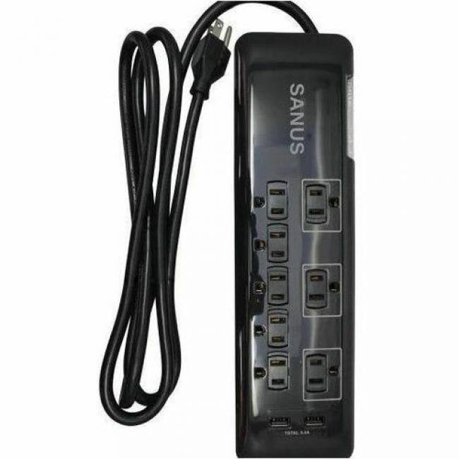 Front. Sanus - Sanus Surge Protected 8 Outlet Power Strip with USB Ports - Black - 8 x AC Power, 2 x USB - 6 ft Cord - 2160 J Surge - Black.