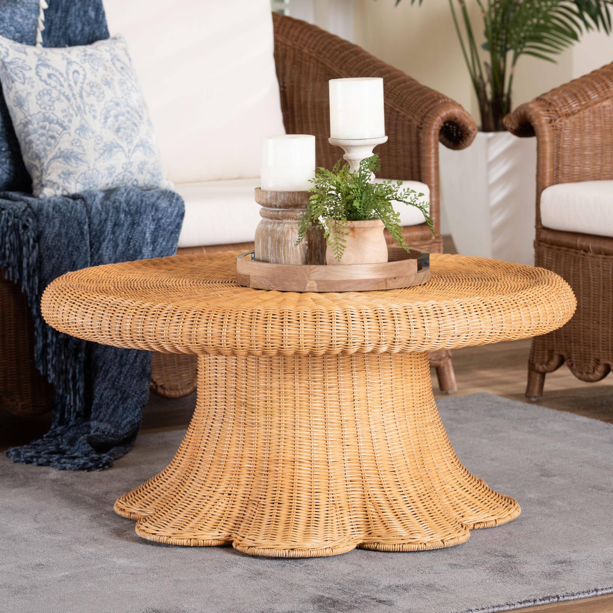 Alt View 1. bali & pari - Avalon Natural Rattan Round Coffee Table with Scalloped Pedestal Base – Coastal Boho Wicker Accent Table - Light Honey.