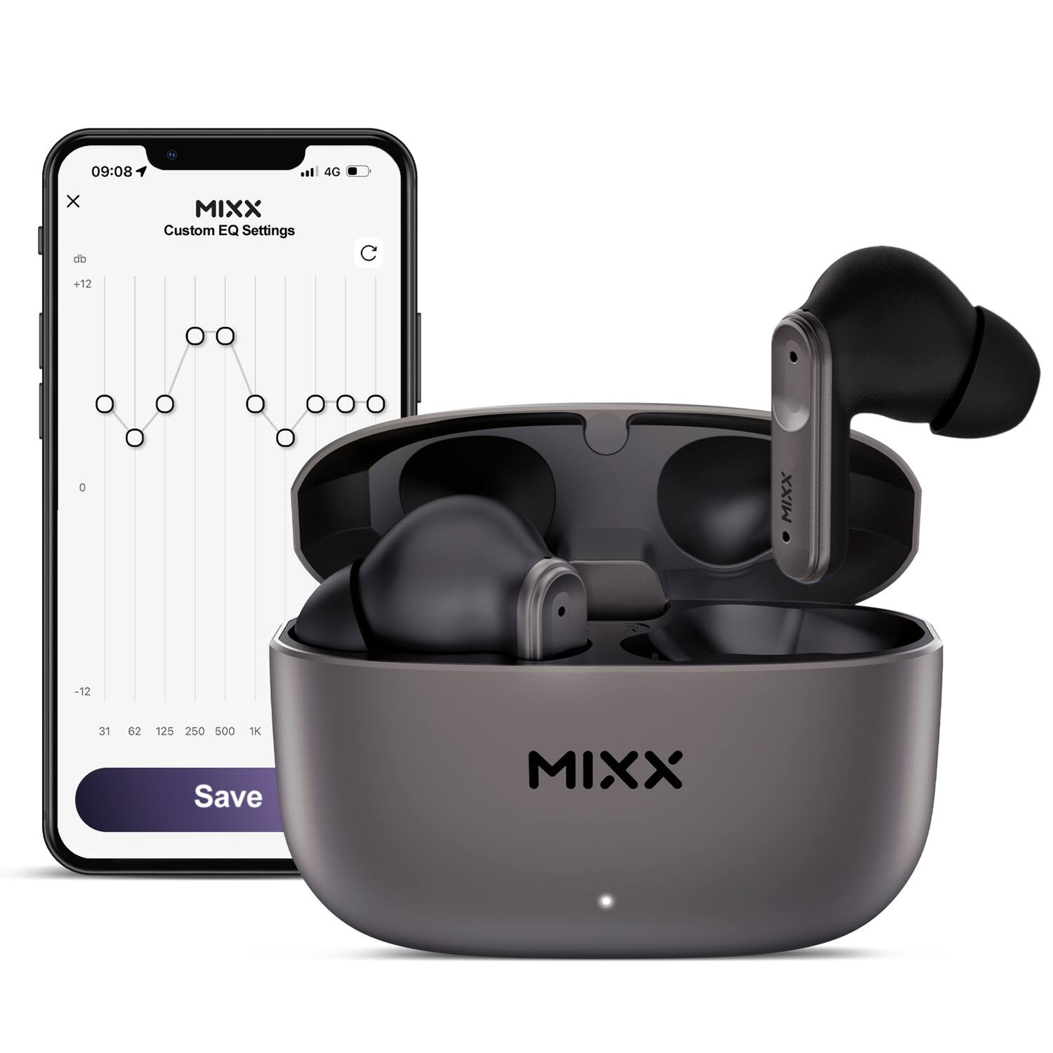 09:08 4G  
MIXX Custom EQ Settings  
+12  
-12  
31 62 125 250 500 1K  
Save