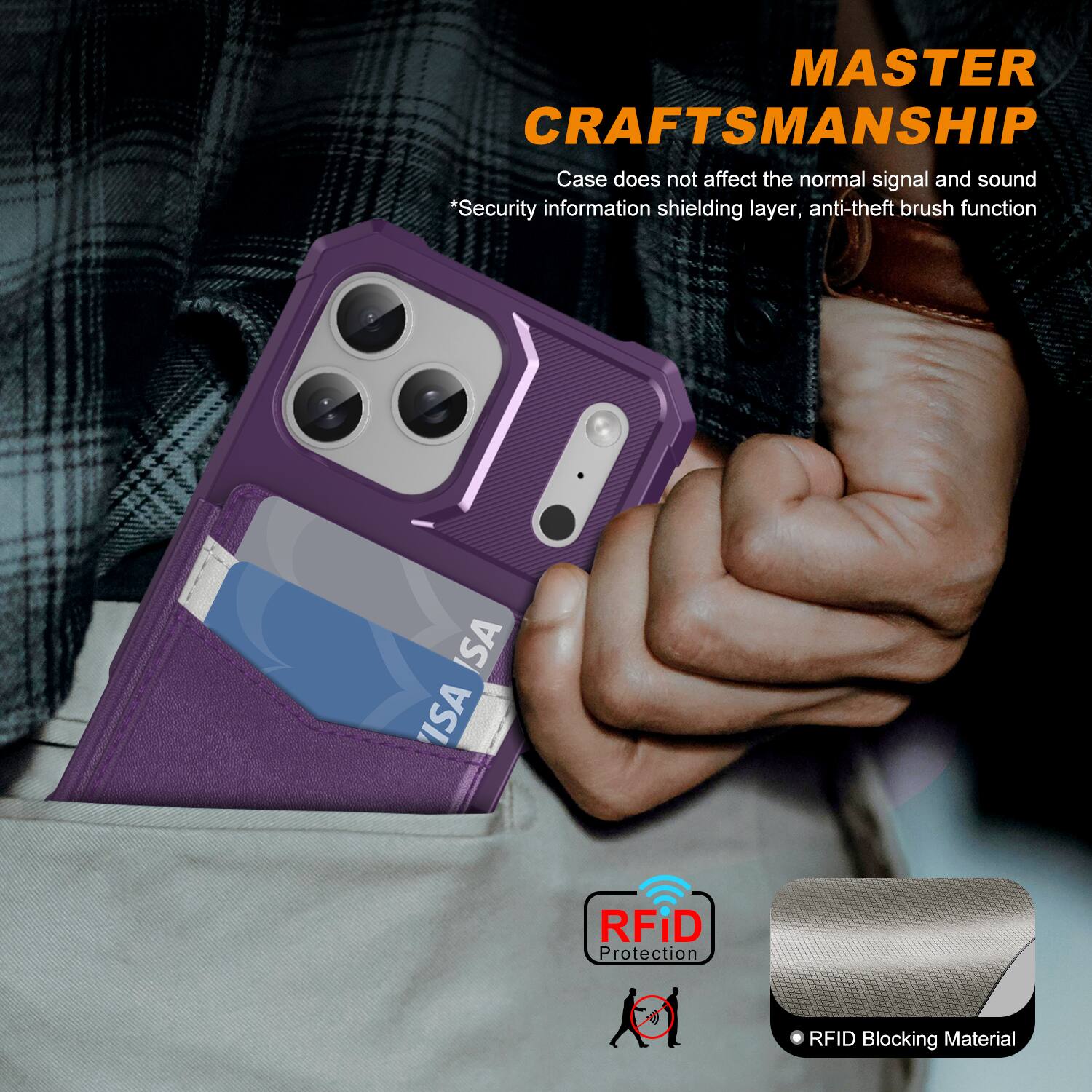 MASTER CRAFTSMANSHIP  
Case does not affect the normal signal and sound  
*Security information shielding layer, anti-theft brush function  
ISA RFID Protection  
RFID Blocking Material