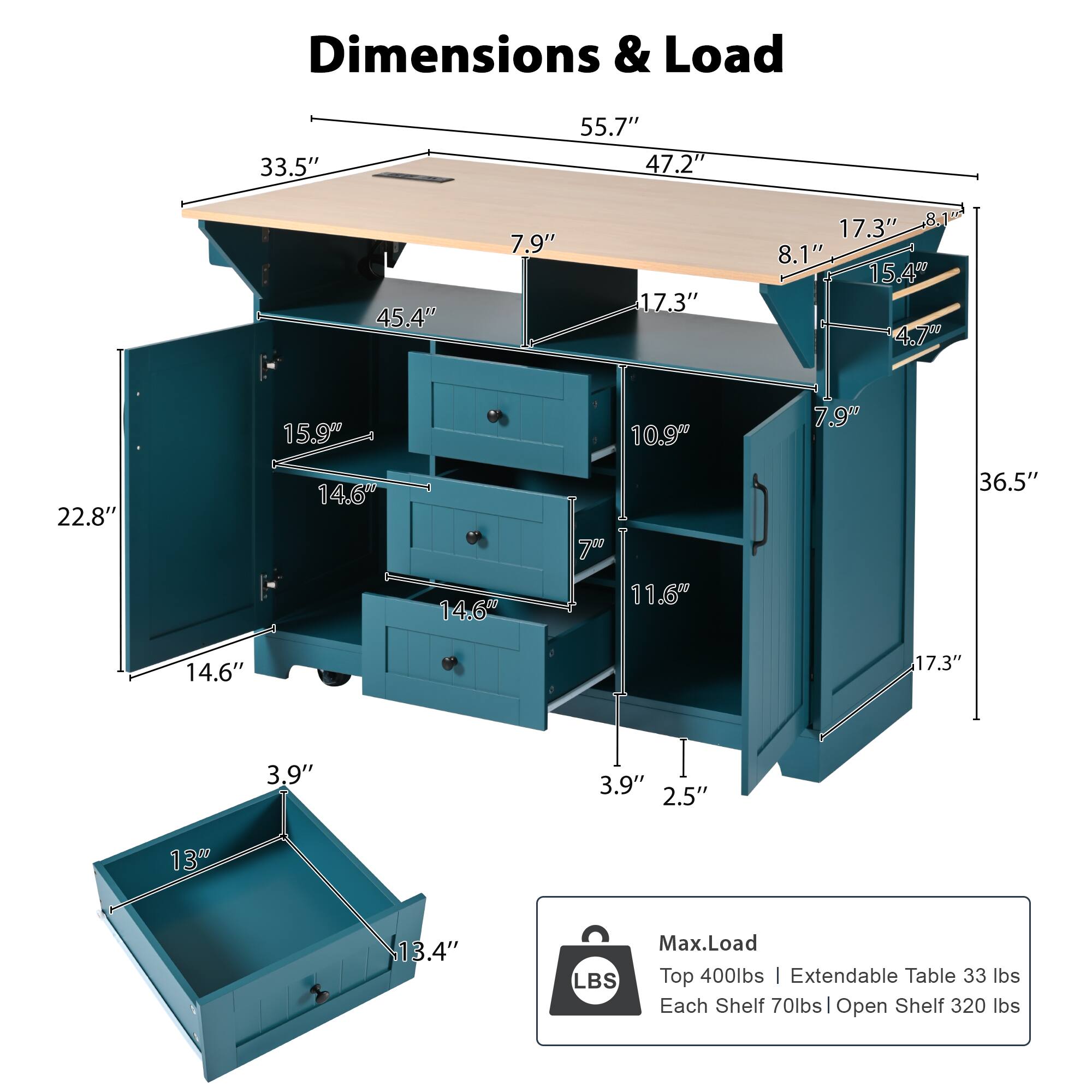Dimensions & Load

- 33.5"
- 55.7"
- 47.2"
- 45.4"
- 7.9"
- 17.3"
- 17.3"
- 8.1"
- 15.4"
- 4.700
- 15.9"
- 10.9"
- 7.9"
- 22.8"
- 14.6"
- 14.60
- 70
- 11.6%
- 36.5"
- 14.6"
- 17.3"
- 3.9"
- 3.9"
- 2.5"
- 13"
- 13.4"

Max.Load
- Top 400lbs
- Extendable Table 33 lbs
- Each Shelf 70lbs
- Open Shelf 320 lbs