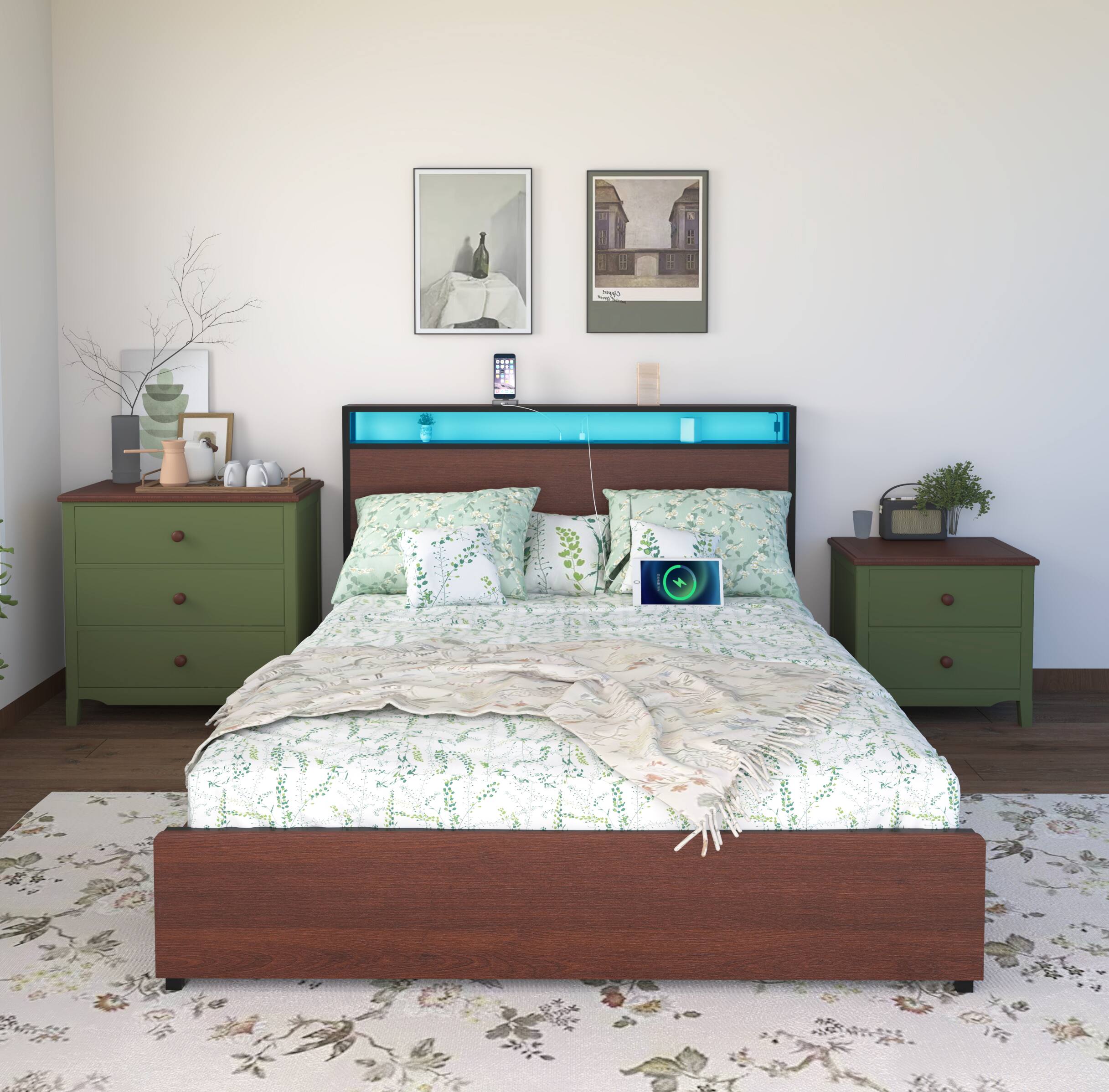 Angle. LUCKY ONE - Queen Size Bed Frame,Storage Headboard with Charging Station - Black,Red+Brown.