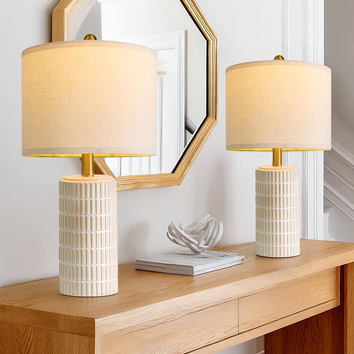 Alt View 1. FINEAK - Modern Ceramic Table Lamps Set of 2 for Stylish Home Decor - Beige and White.