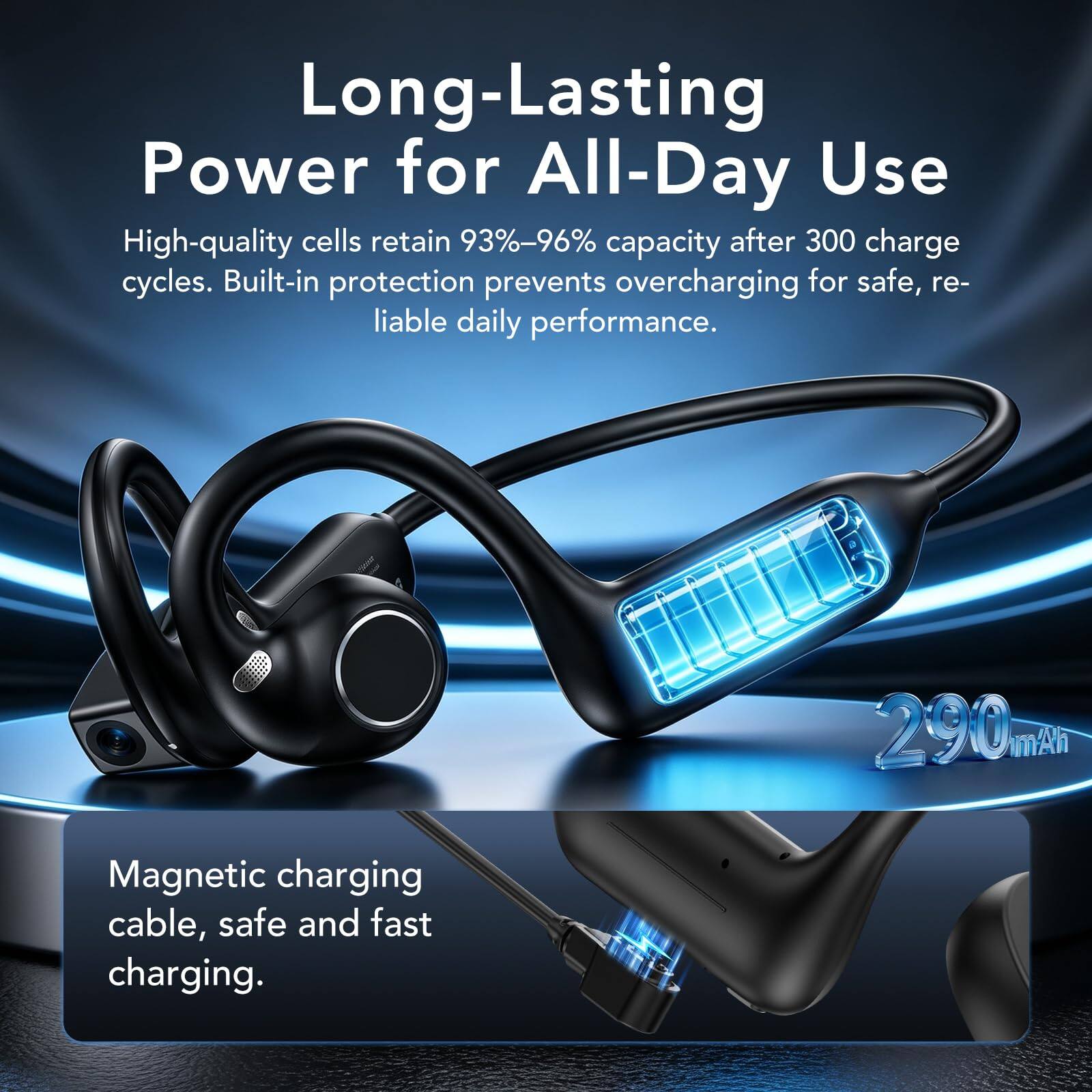 Long-Lasting Power for All-Day Use  
High-quality cells retain 93%-96% capacity after 300 charge cycles. Built-in protection prevents overcharging for safe, reliable daily performance.  
290 mAh  
Magnetic charging cable, safe and fast charging.