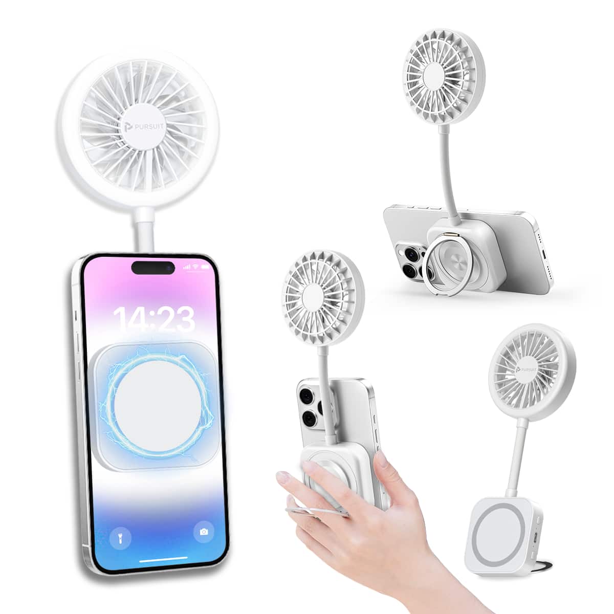 Pursuit - Magnetic Portable Fan Magsafe Compatible Mini Personal Fan with 3-Level Ring Light and Adjustable Hands-Free Phone Mount - White