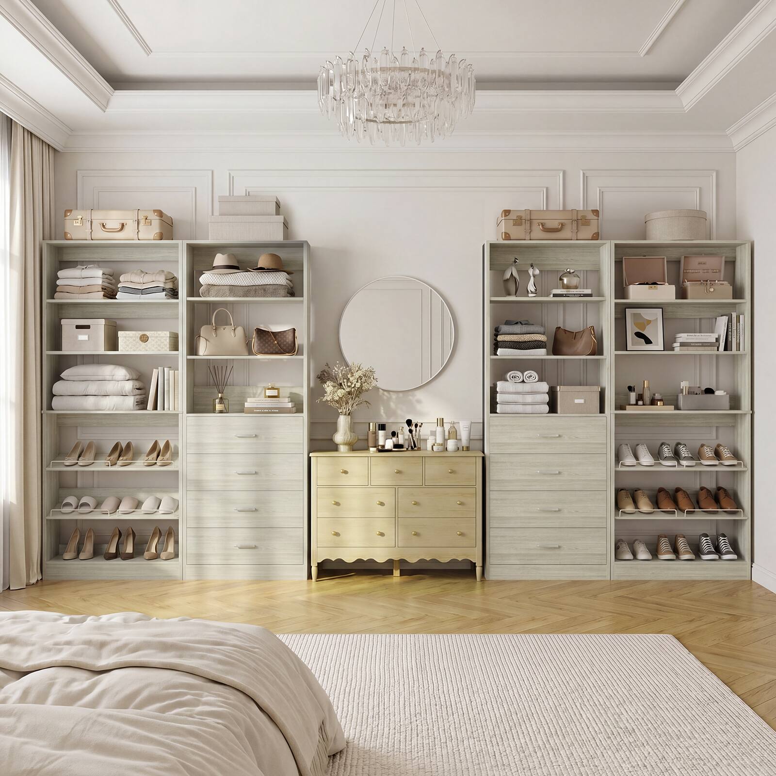 Back. Aheaplus - 46.3'' Closet Organizer System with 4 Drawers and Adjustable Shelves, 2-Pack - Beige Oak.