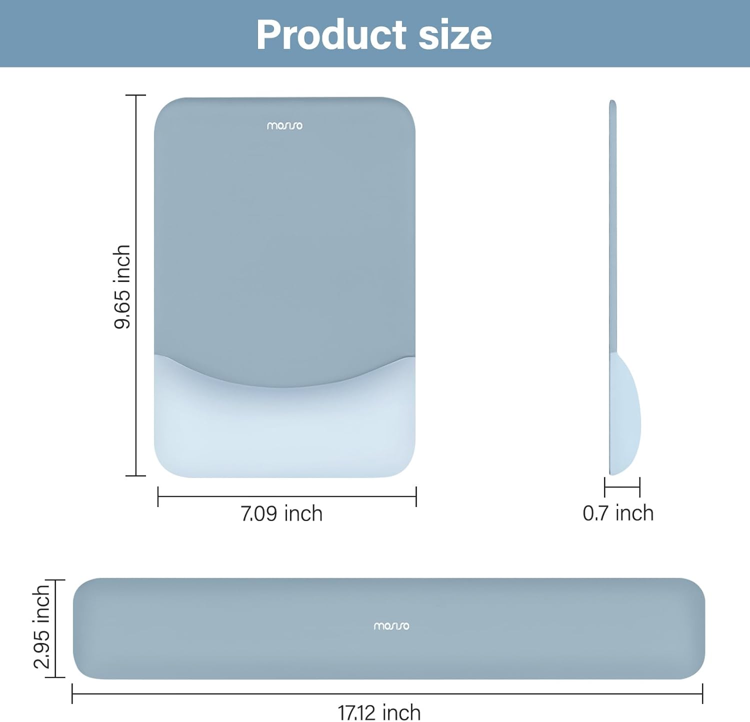 Product size: 9.65 inch x 7.09 inch x 0.7 inch, 2.95 inch x 17.12 inch