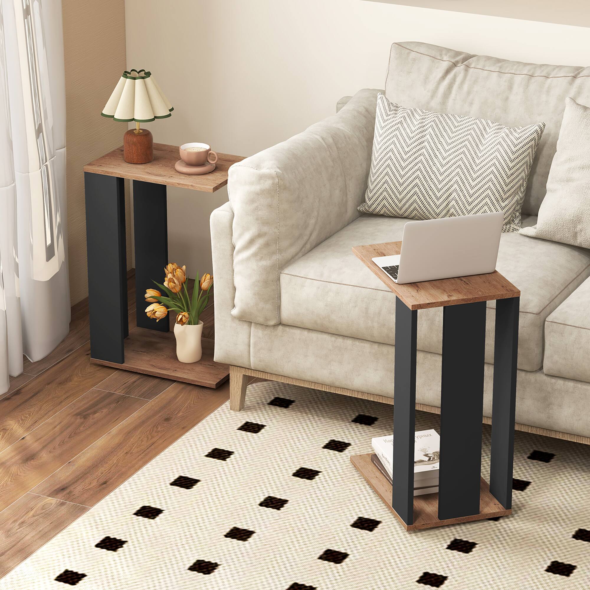 Alt View 1. Gymax - Gymax 2-Tier C Shaped Side Table w/ Universal Wheels & Shelf for Small Space - Rustic Brown, Black.