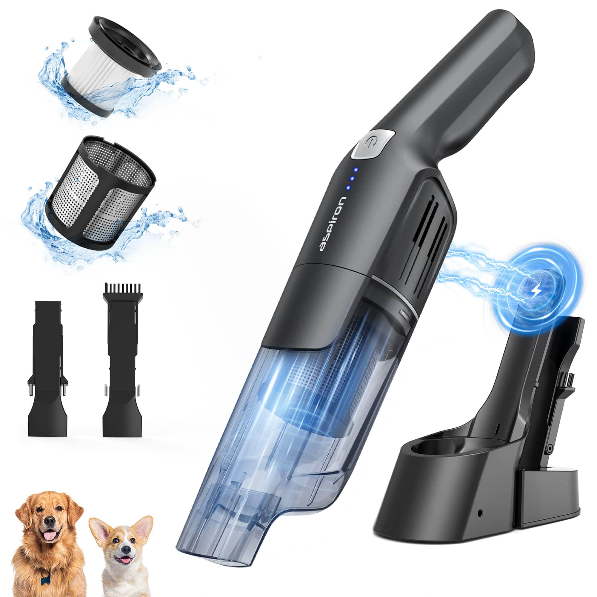 Aspiron - 24KPa Cordless Handheld Vacuum, 2-Speed, Lightweight 1.8lb, Rechargeable, Pet & Car Cleaning