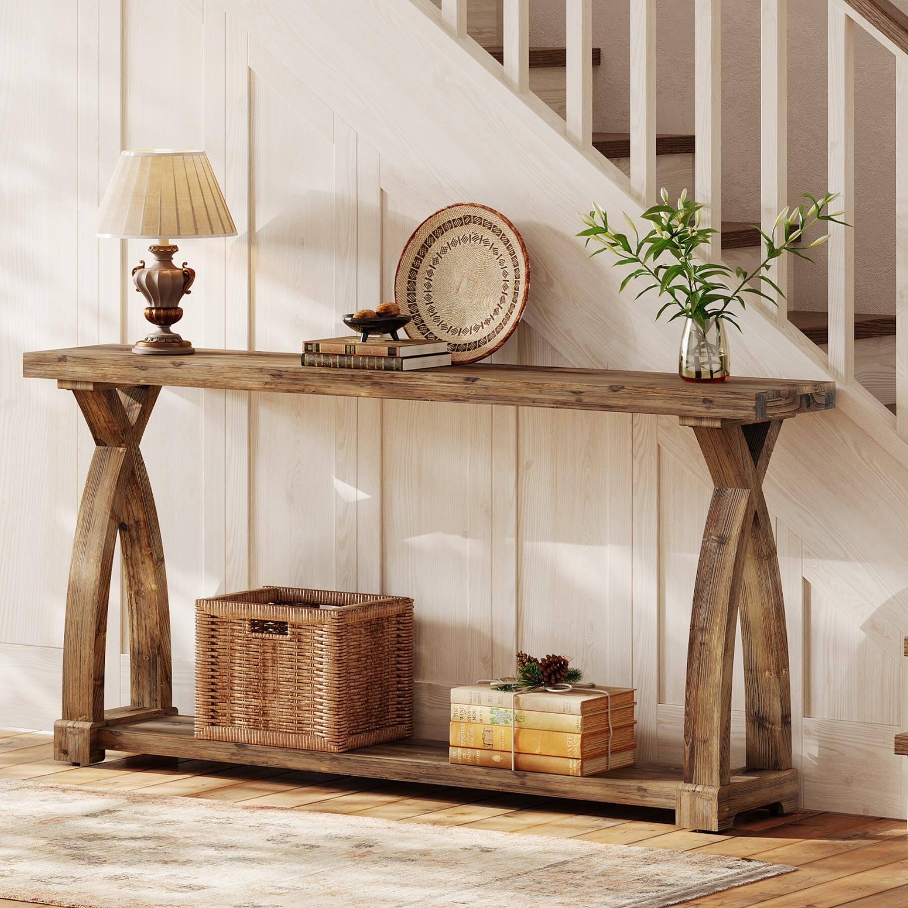Alt View 5. Tribesigns - 63" Long Console Table, 2-Tier Entryway Table with Storage Shelf - Rustic Brown.