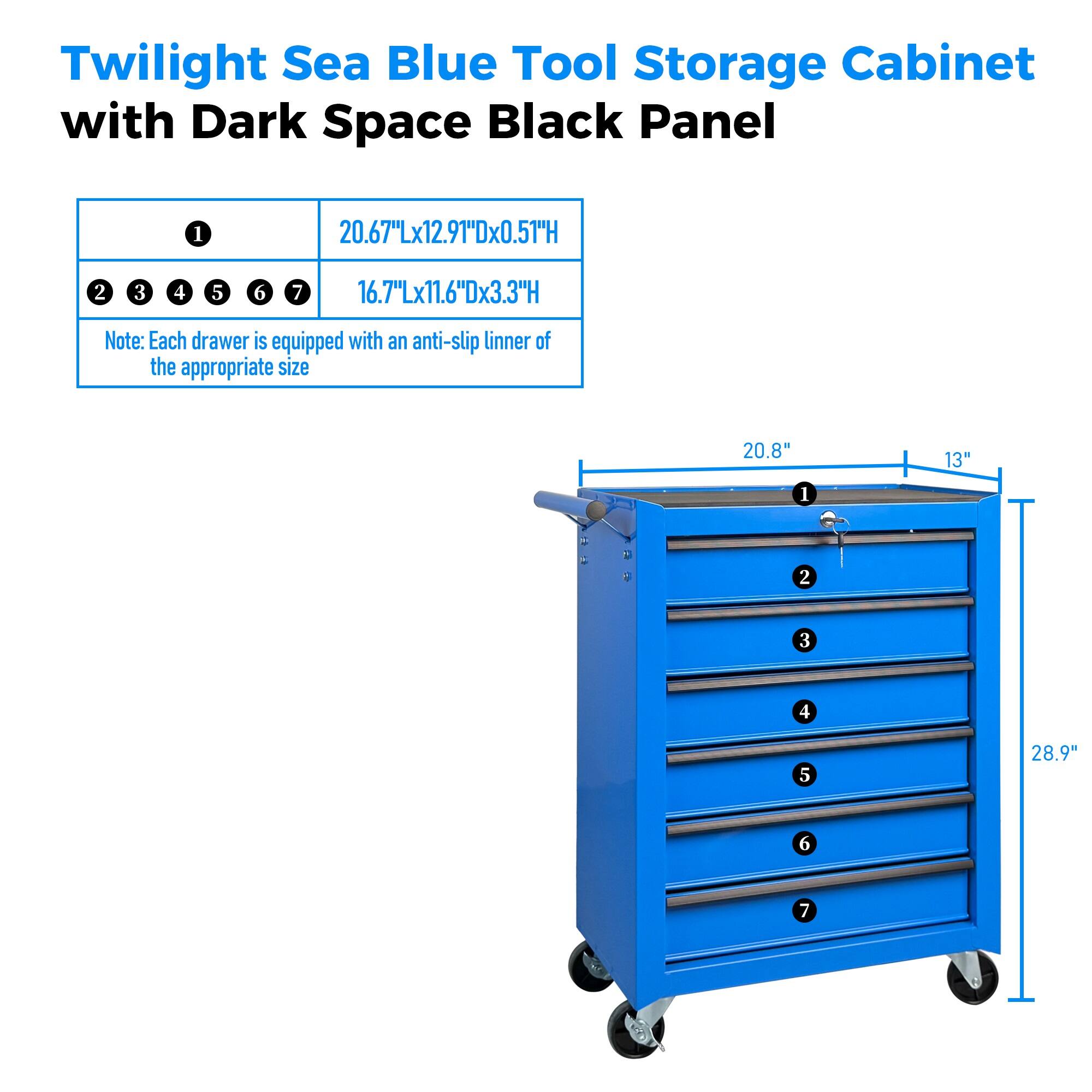 Twilight Sea Blue Tool Storage Cabinet with Dark Space Black Panel

1. 20.67"Lx12.91"Dx0.51"H
2. 3. 4. 5. 6. 7. 16.7"Lx11.6"Dx3.3"H

Note: Each drawer is equipped with an anti-slip liner of the appropriate size

20.8" 13" 28.9"