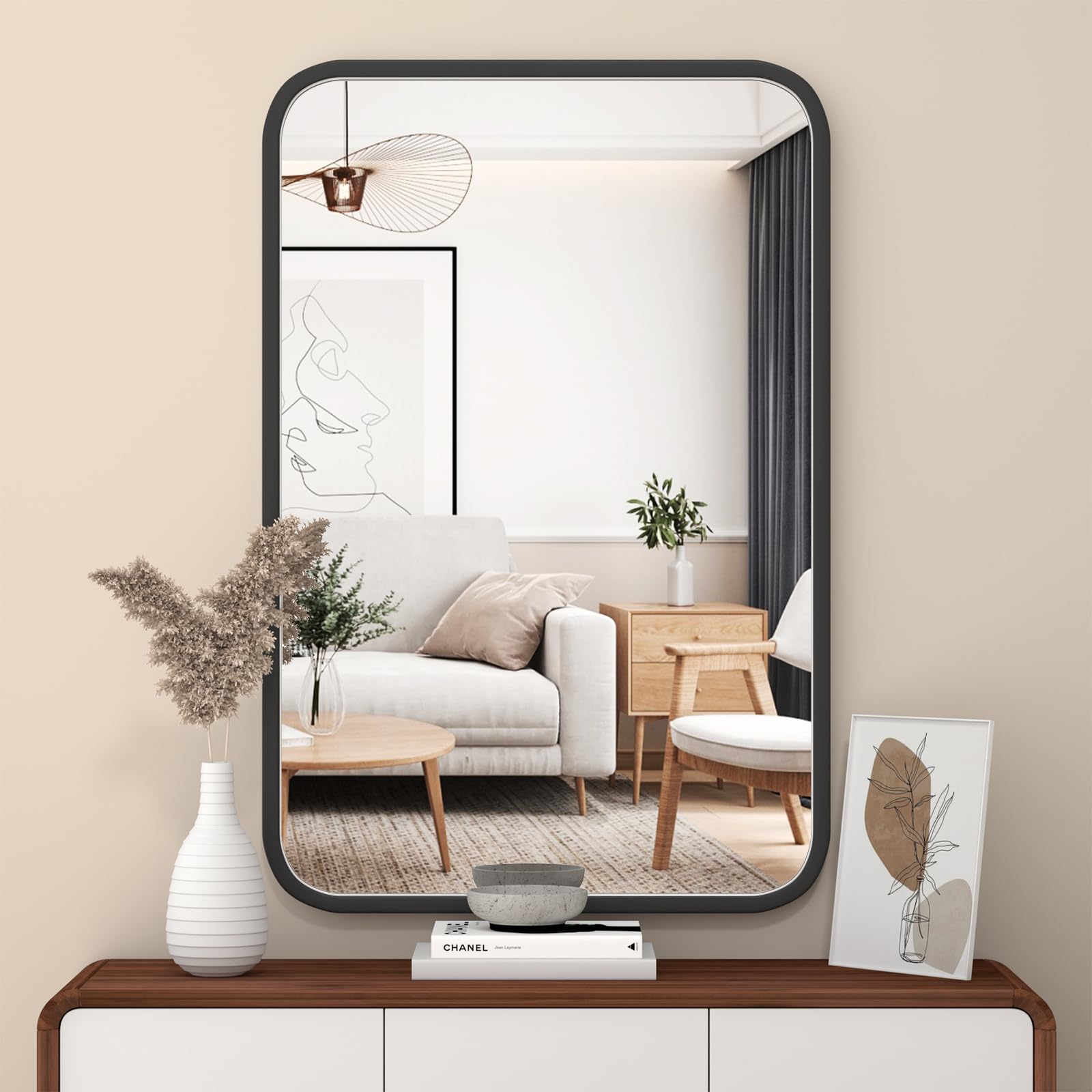 Left. Comfort Essence - Mirror For Bathroom 20" X 30" Rounded Corner Rectangle With Wooden Framed Wall Decor 20" 30" Natural - Black-30"L x 20"W.
