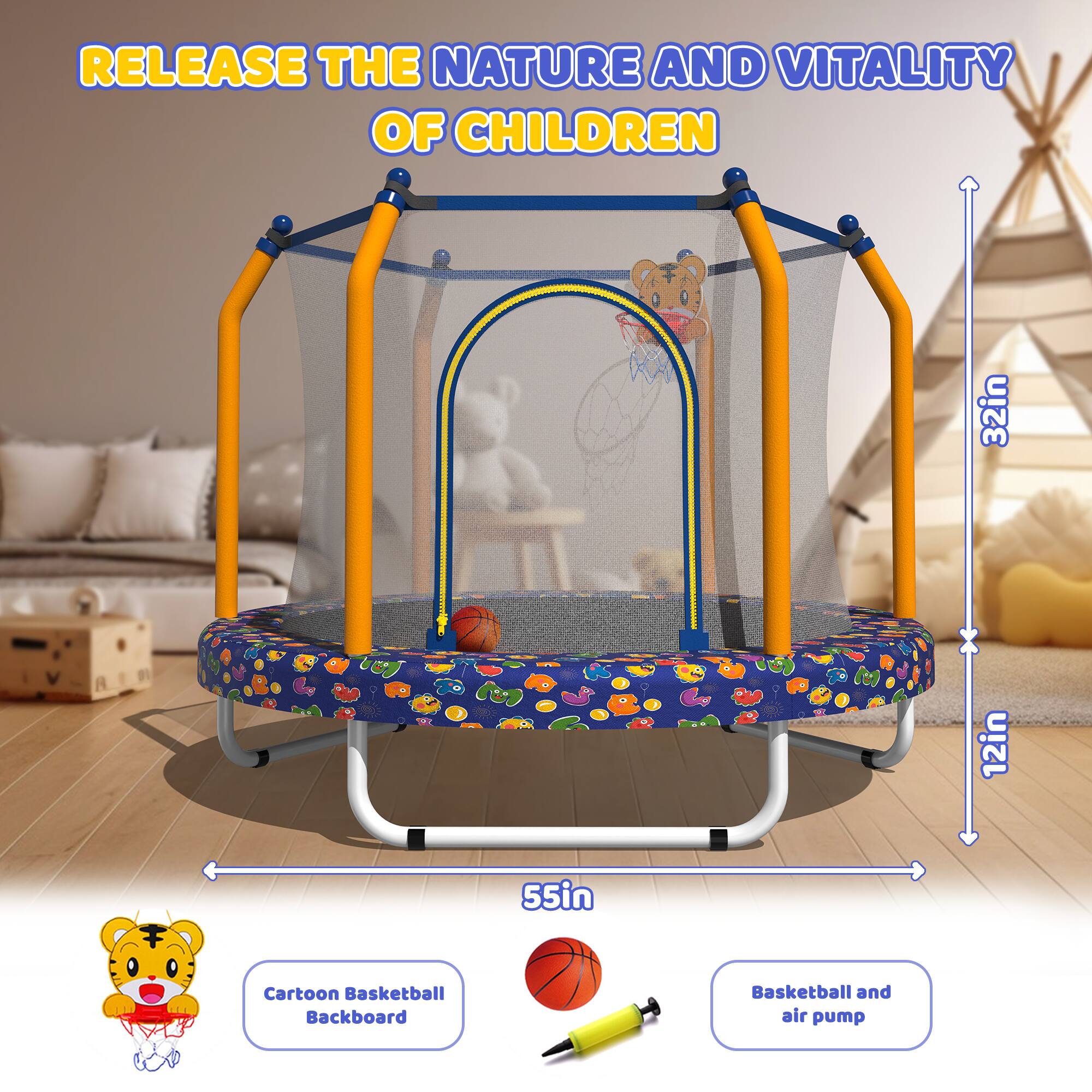 RELEASE THE NATURE AND VITALITY OF CHILDREN

32in  
12in  
55in

Cartoon Basketball Backboard  
Basketball and air pump