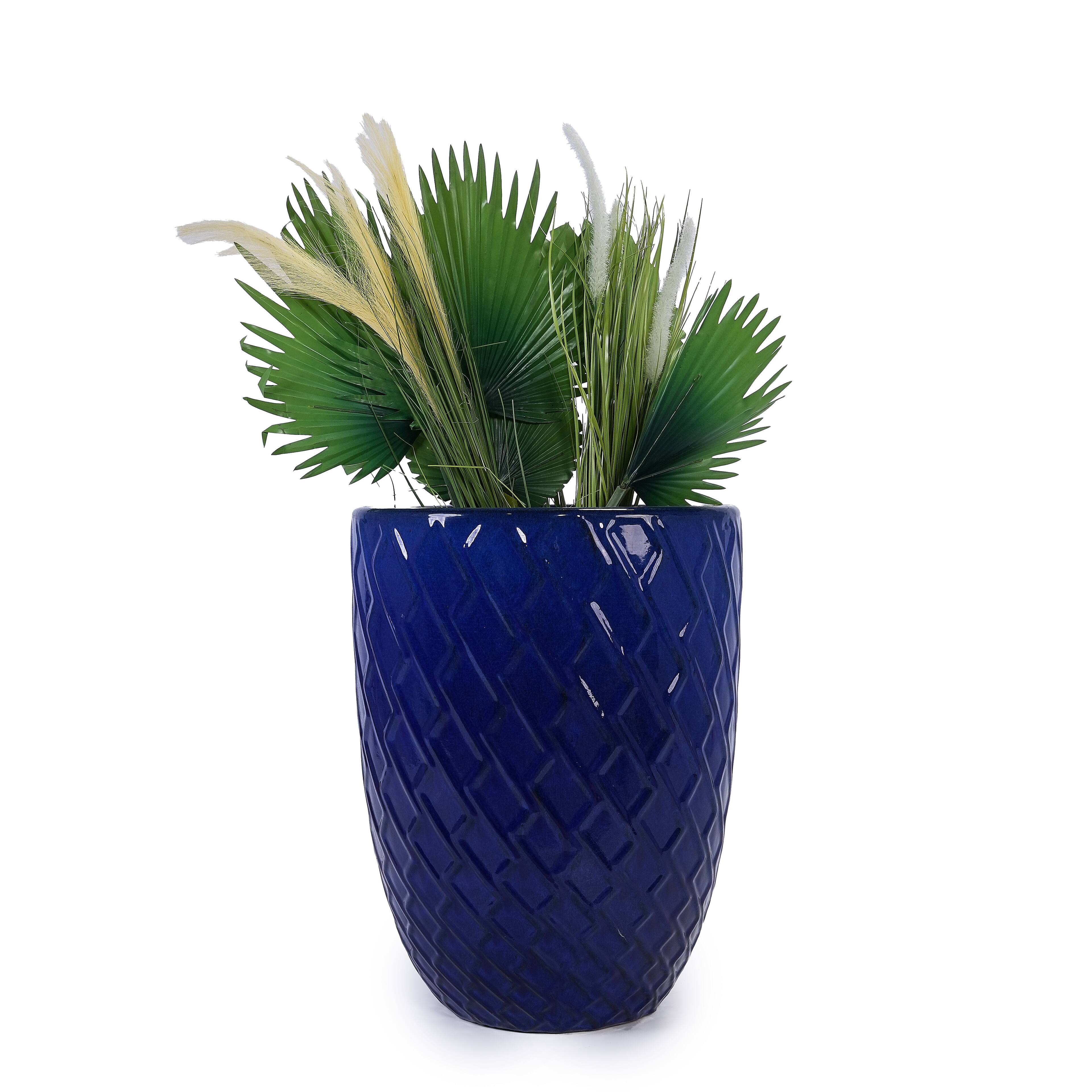 Alt View 6. Loheer - Loheer Ceramic Planter Pot, 17 Inch Navy Blue Handmade Clay Planter, Diamond Pattern Large Indoor Outdoor Planter.
