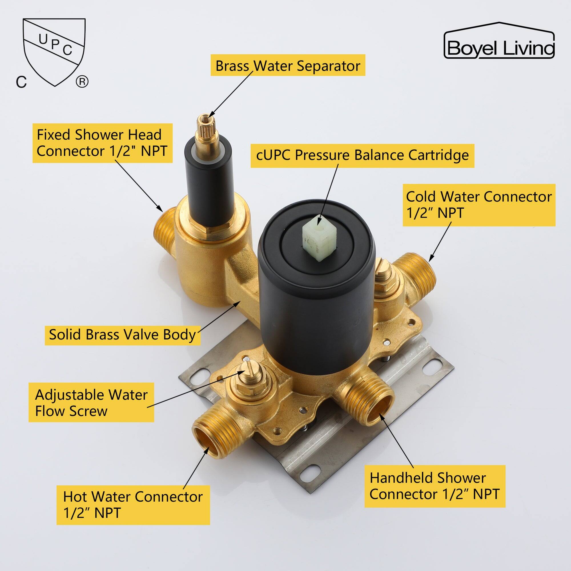 Boyel Living, UPC, Brass Water Separator, Fixed Shower Head Connector 1/2" NPT, CUPC Pressure Balance Cartridge, Cold Water Connector 1/2" NPT, Solid Brass Valve Body, Adjustable Water Flow Screw, Hot Water Connector 1/2" NPT, Handheld Shower Connector 1/2" NPT