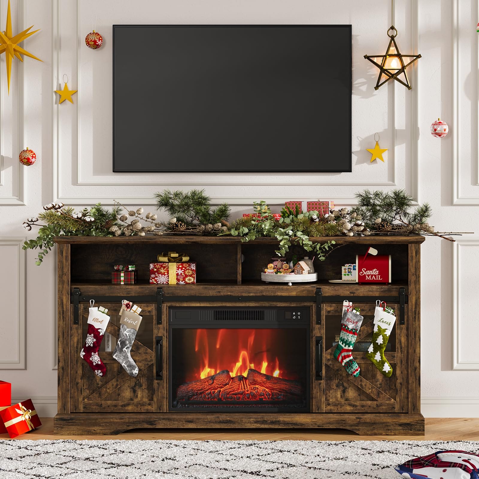 Babevy - 60" Farmhouse Fireplace TV Stand for TVs up to 65", 23" Electric Fireplace with Sliding Barn Door & Storage - Brown
