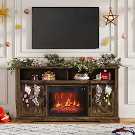 Jojoka - 60" Farmhouse Fireplace TV Stand for TVs up to 65", 23" Electric Fireplace with Sliding Barn Door & Storage - Brown