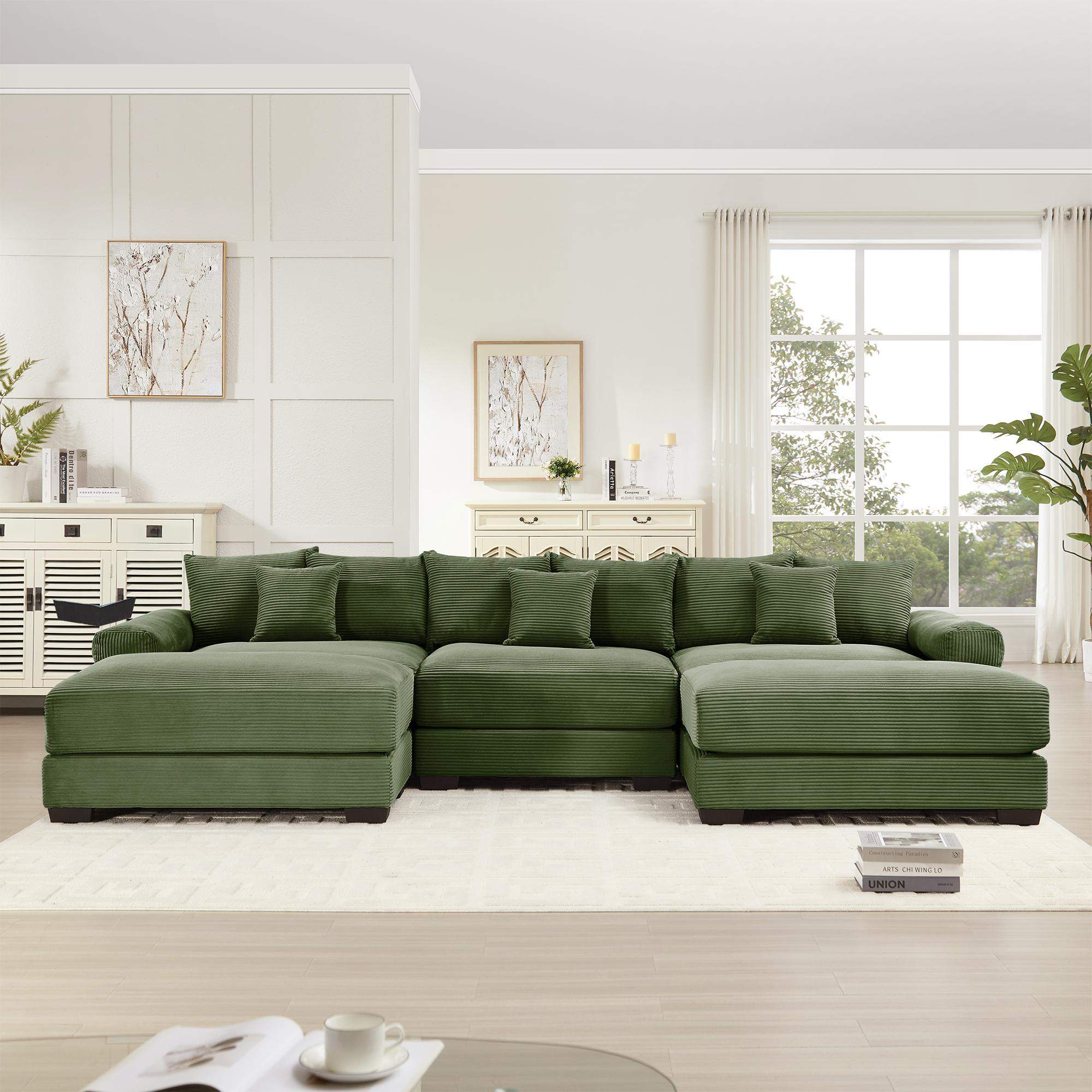 Back. Roomtec - 130 inch Oversized Cloud Modular Sectional CouchPremium Corduroy Fabric 3Seater Deep Seat Wide Armrests With An - Green.