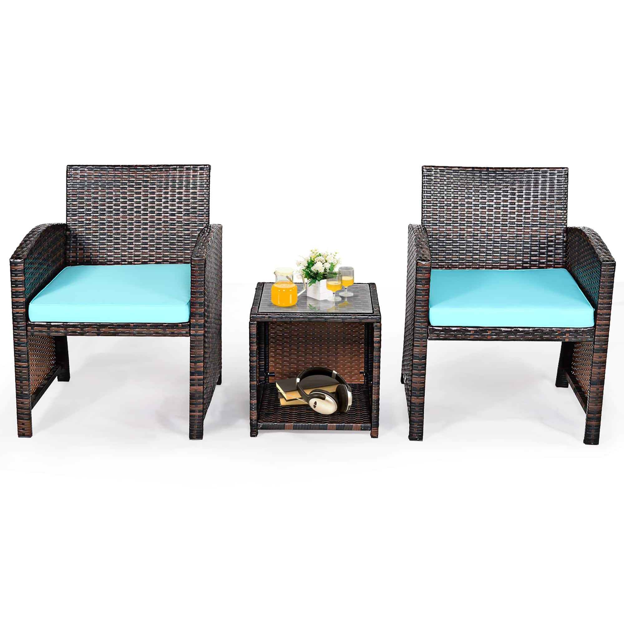 Front. Costway - 3PCS Patio Rattan Wicker Furniture Cushion Sofa Coffee Table - Turquoise,Mix brown.