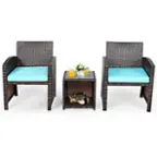 Front. Costway - 3PCS Patio Rattan Wicker Furniture Cushion Sofa Coffee Table - Turquoise,Mix brown.