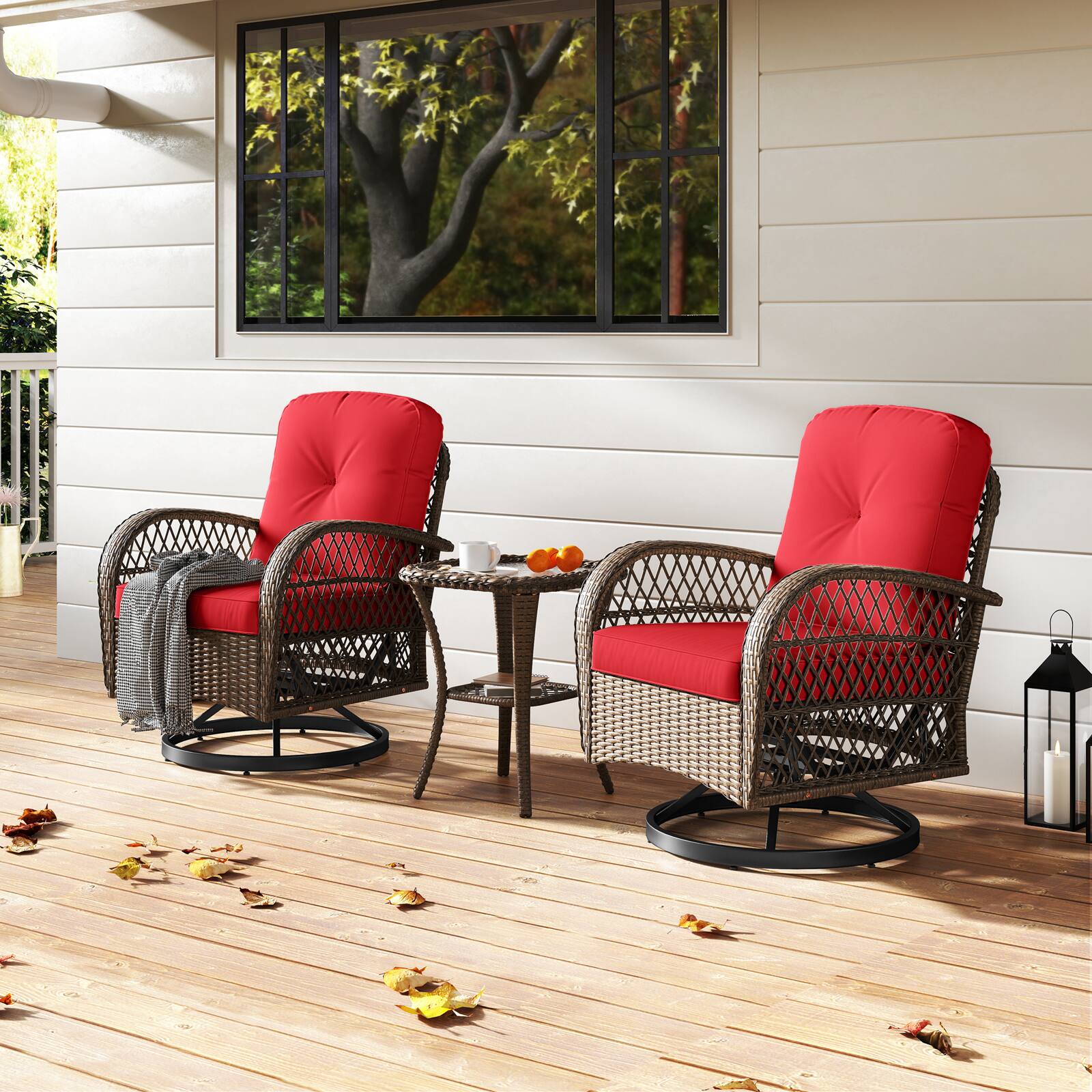 Alt View 3. Gymax - Gymax 3PCS Patio Swivel Rocker Set Gliding Bistro Furniture Set w/Tempered Glass Table - Red.