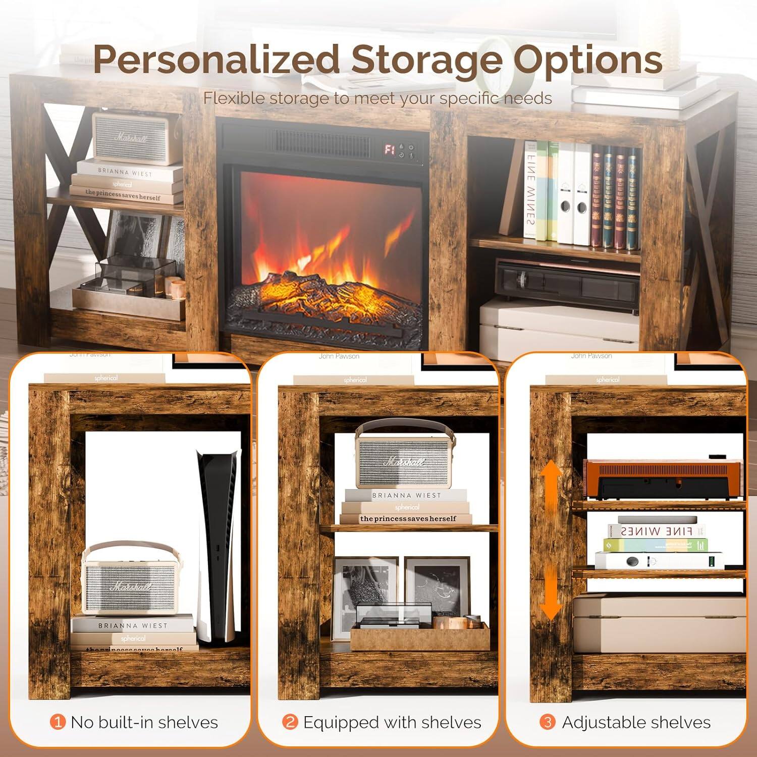 Alt View 3. Winado - 70" Fireplace TV Stand Table with Remoted 18" Embedded Electric Fireplace Heater Entertainment Center for Up to 70in TVs - Rustic Brown.