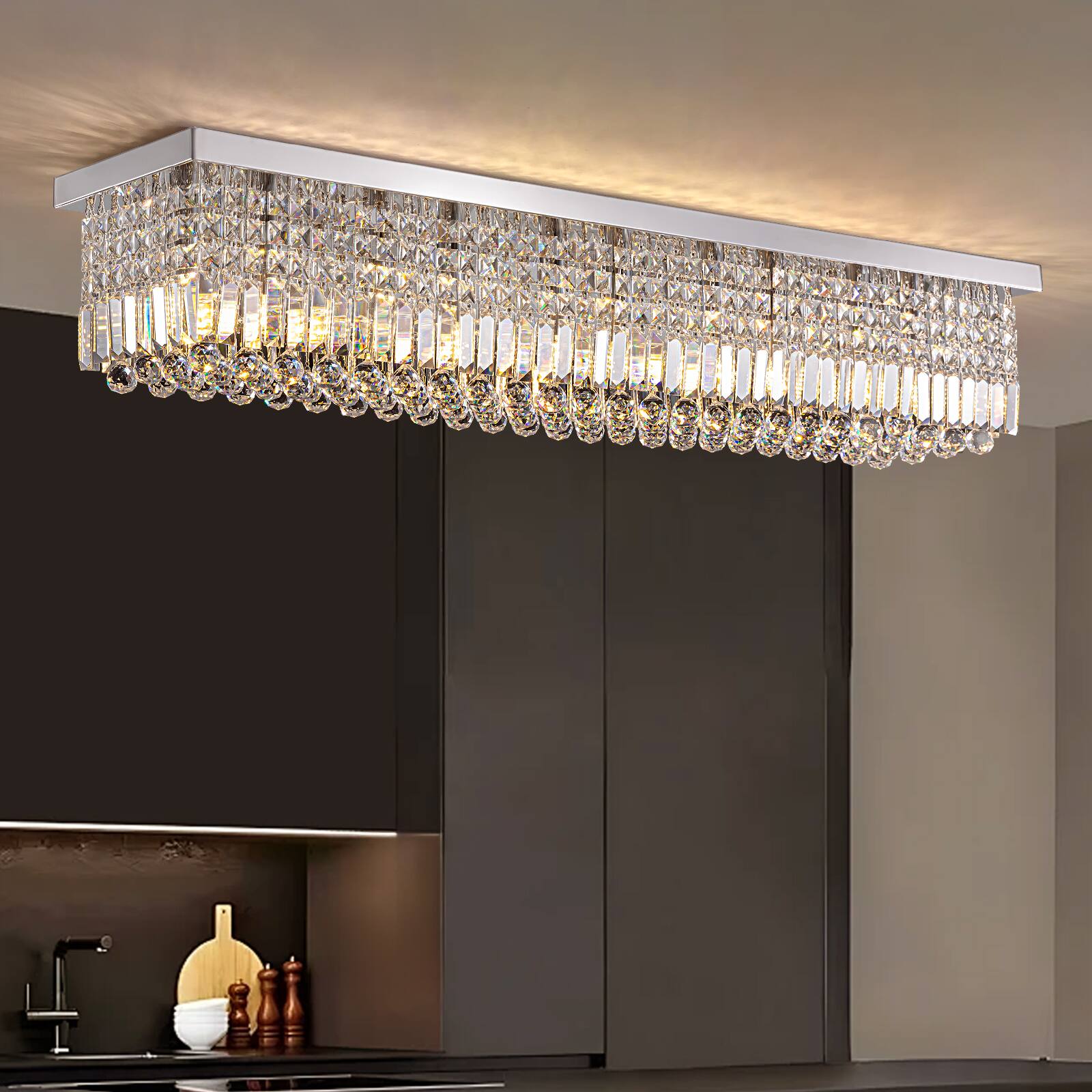 Angle. Siljoy - 47.2" 10-Light Chrome K9 Crystal Linear Chandelier, Dimmable E12 Flush Mount Ceiling Light for Dining Living Room - Chrome.