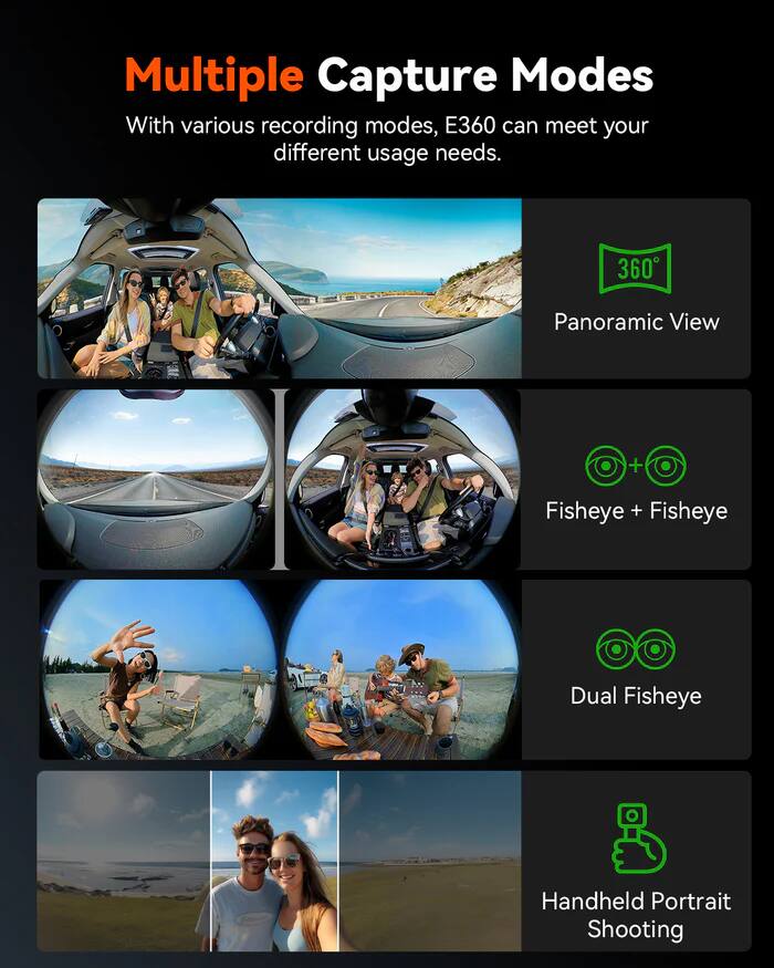 Multiple Capture Modes

With various recording modes, E360 can meet your different usage needs.

- 360° Panoramic View
- Fisheye + Fisheye
- Dual Fisheye
- Handheld Portrait Shooting