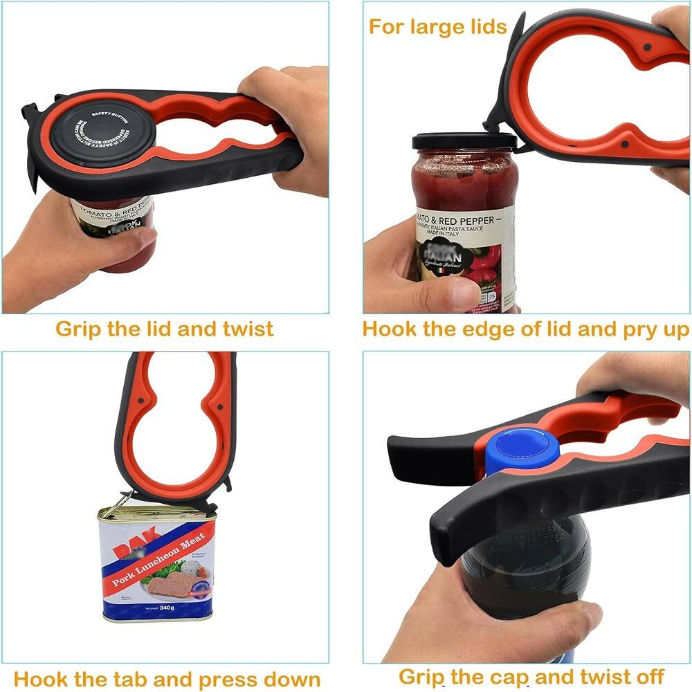 For large lids

Grip the lid and twist

Hook the edge of lid and pry up

Hook the tab and press down

Grip the cap and twist off