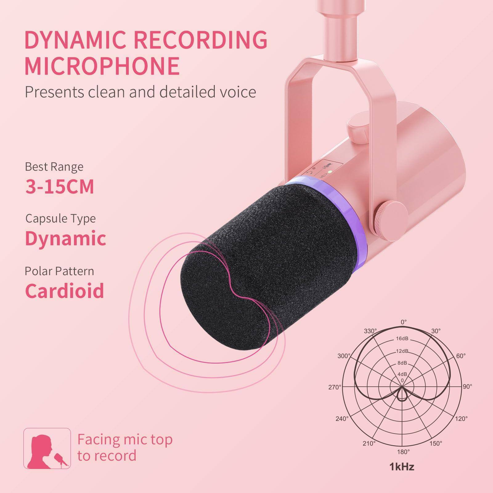DYNAMIC RECORDING MICROPHONE  
Presents clean and detailed voice  

Best Range  
3-15CM  

Capsule Type  
Dynamic  

Polar Pattern  
Cardioid  

Facing mic top to record  

1kHz