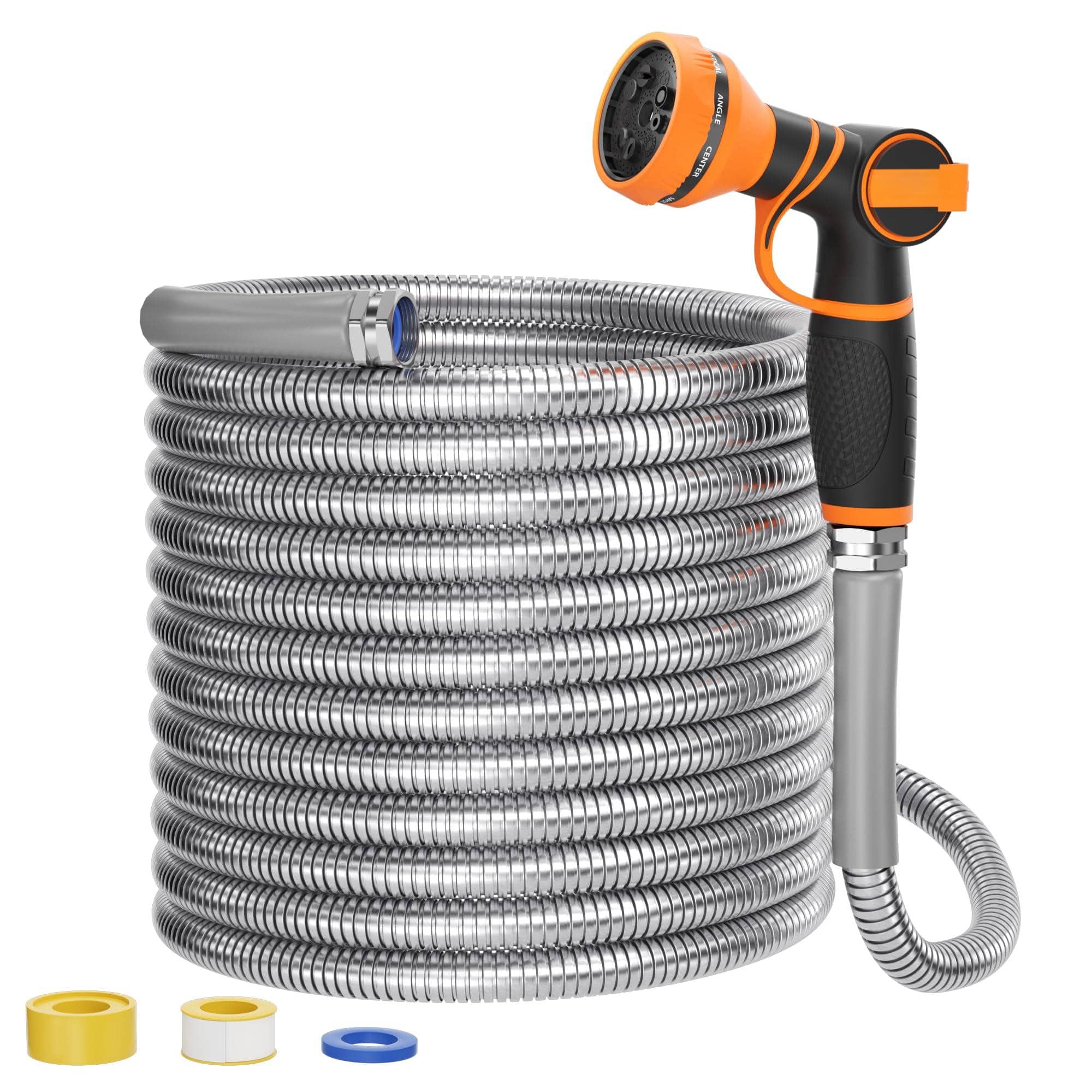 JETRANSPORT - Garden Hose 100ft X 3/4" 304 Stainless Steel Metal Water No Kink With 9 Pattern Spray Nozzle Flexible Lightwe - 100FT 3/4"