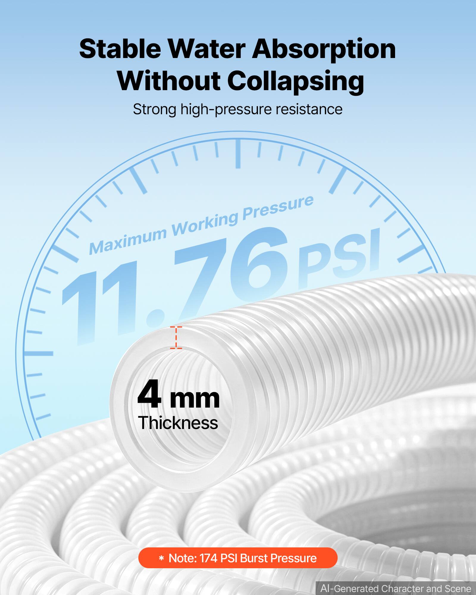 Stable Water Absorption Without Collapsing  
Strong high-pressure resistance  
Working Pressure Maximum 11.76 PSI  
4 mm Thickness  
*Note: 174 PSI Burst Pressure