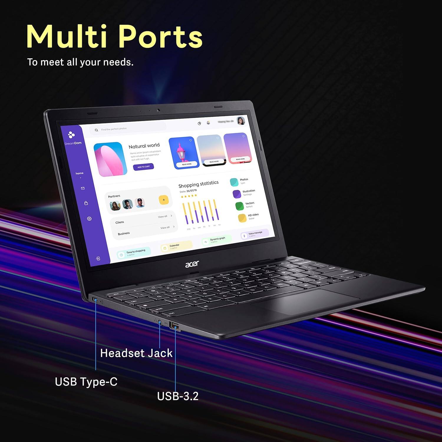 Multi Ports To meet all your needs. Headset Jack - USB Type-C - USB-3.2