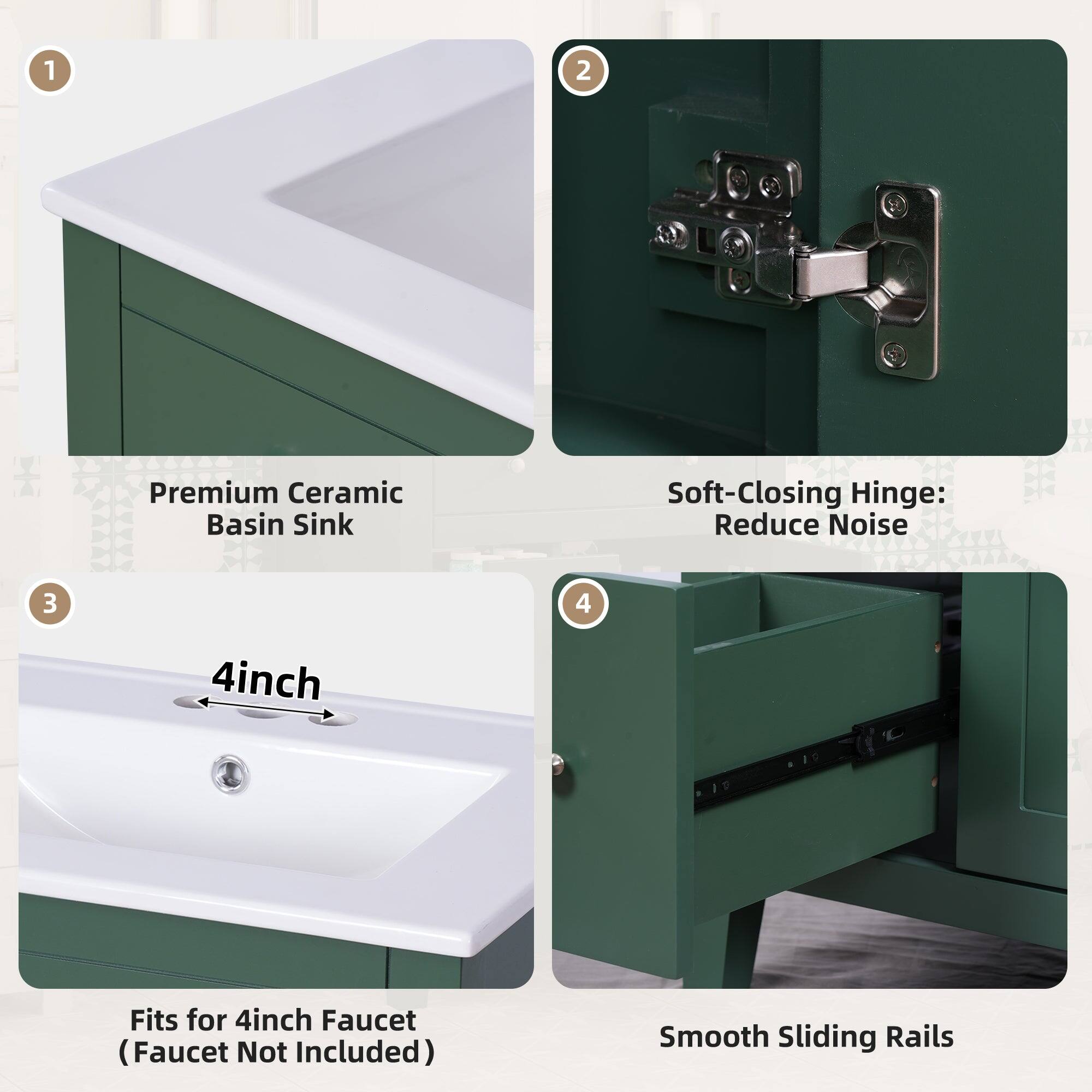 1. Premium Ceramic Basin Sink  
2. Soft-Closing Hinge: Reduce Noise  
3. Fits for 4inch Faucet (Faucet Not Included)  
4. Smooth Sliding Rails