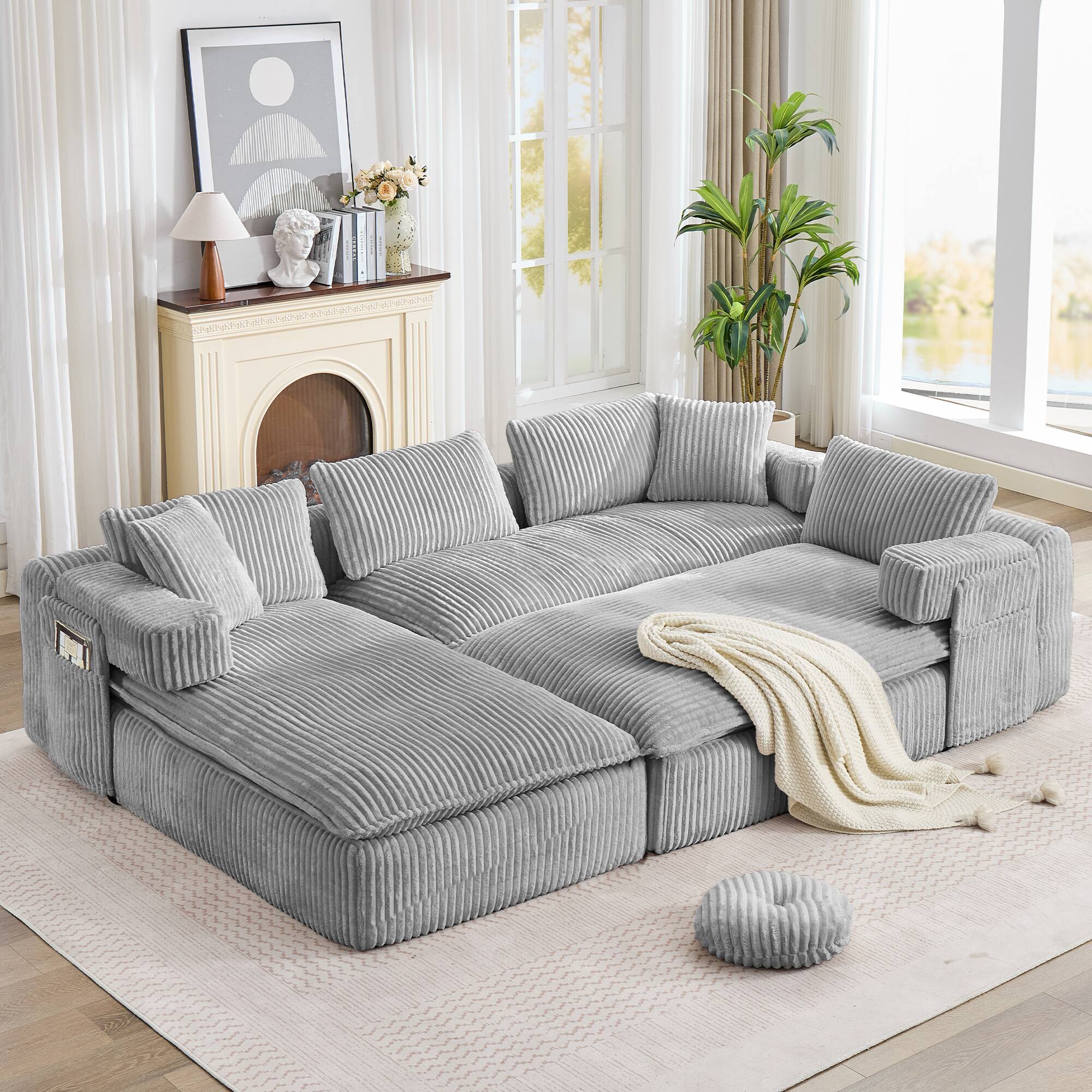 Left. Anysun - 149" Oversized U-Shaped Sectional Sofa – Deep Seat, Side Pocket, Movable Armrests, Corduroy – No Assembly Required - Gray.
