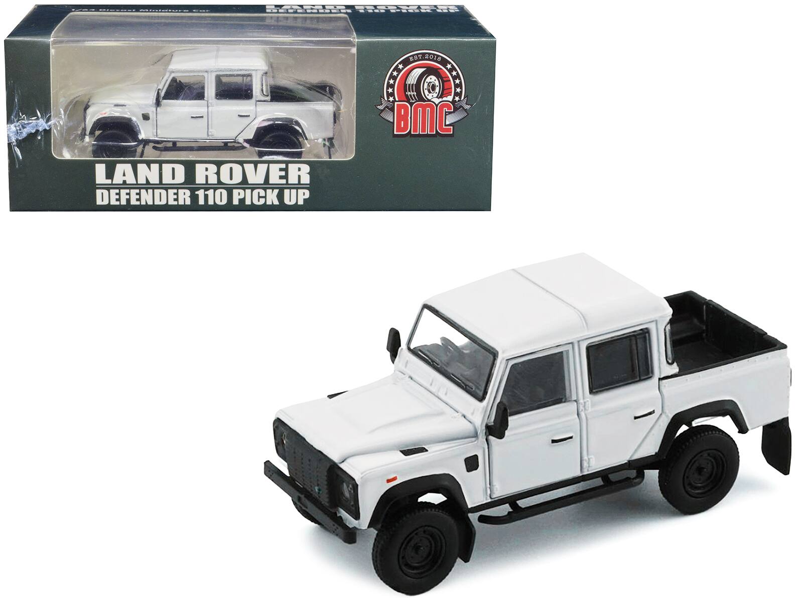Land Rover Defender 110 Pickup Truck with Extra Wheels 1/64 Diecast Model Car by BM Creations - White