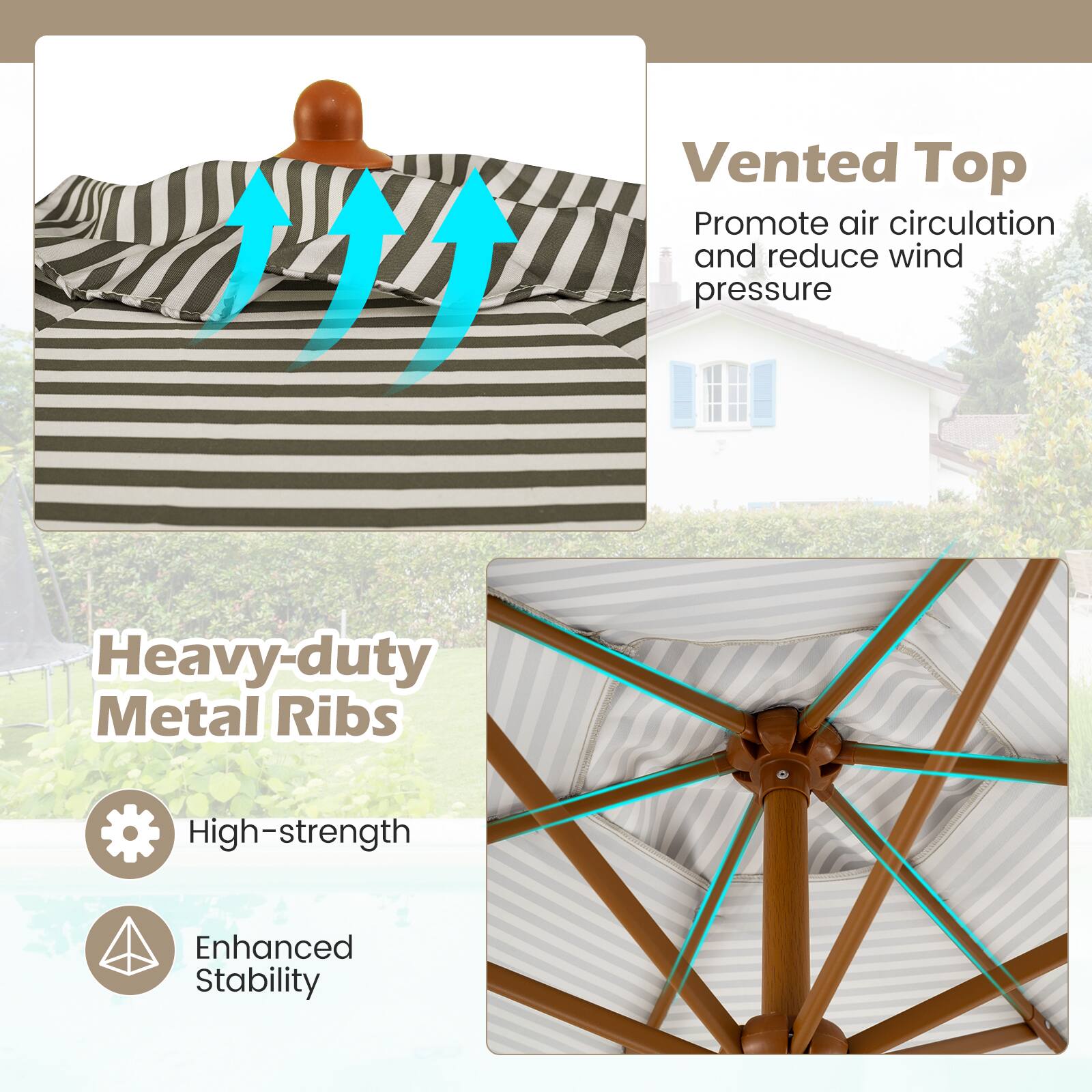 Vented Top  
Promote air circulation and reduce wind pressure  

Heavy-duty Metal Ribs  
High-strength  
Enhanced Stability