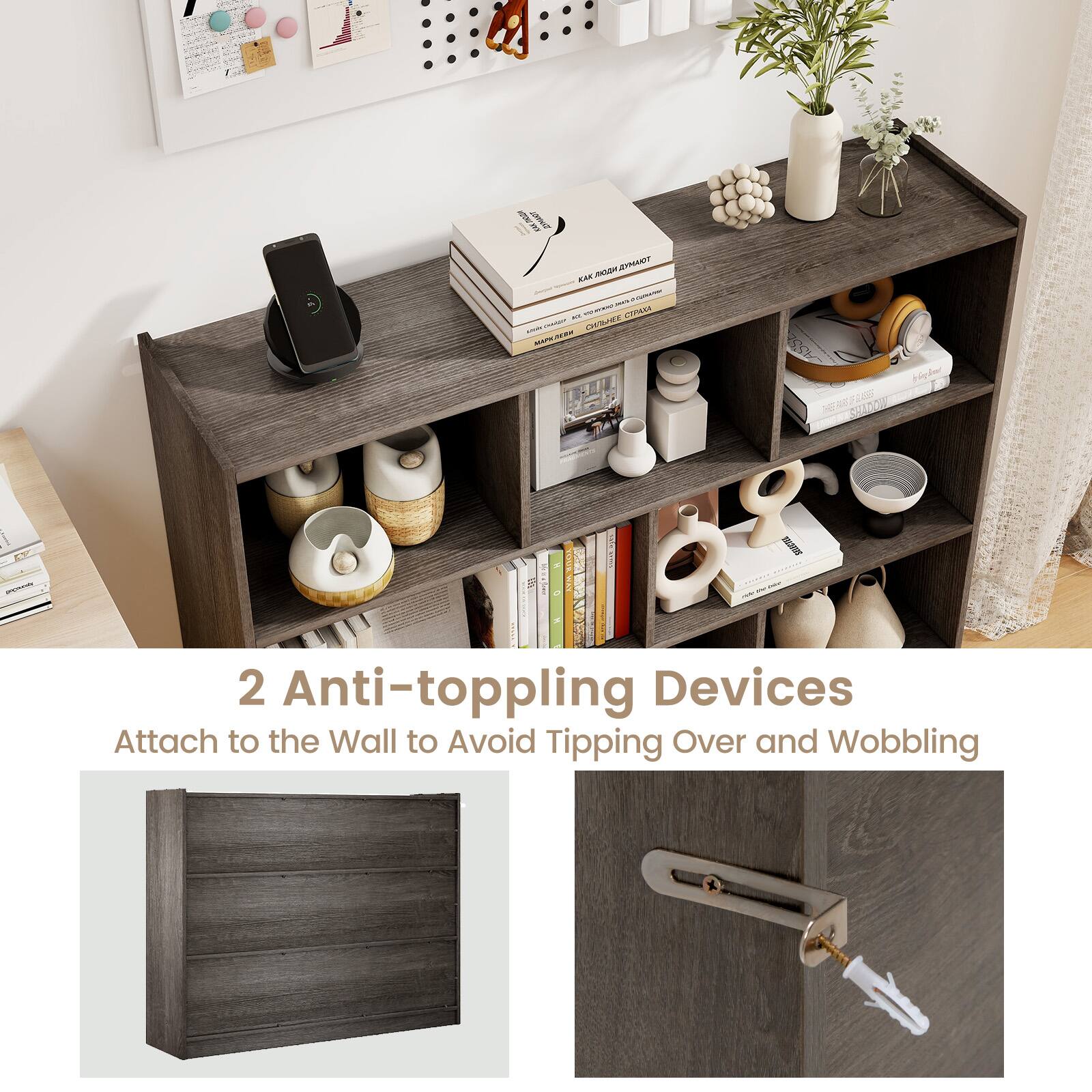 - DAN TORAUTEA EAR nacm - : - C - CAR - - MR - - .. HERAA DE2 00  CURON ON + Ppler - : - : ! CA |  : - I 2 Anti-toppling Devices Attach to the Wall to Avoid Tipping Over and Wobbling