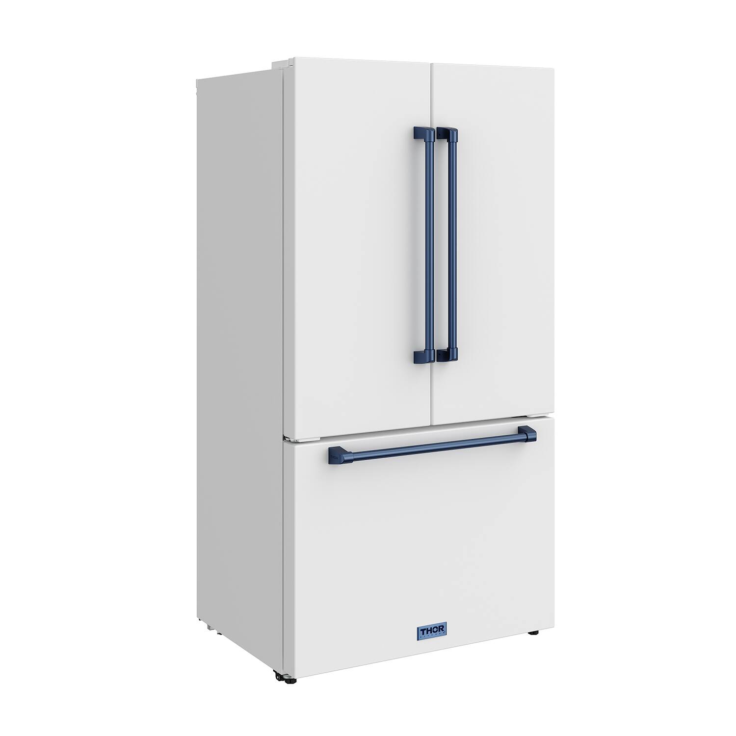 Left. Thor Kitchen - 36 in. Wide Gordon Ramsay Series by Thor Kitchen 20.3 Cu. Ft. Counter Depth Refrigerator with Navy Blue Hardware - Matte White.