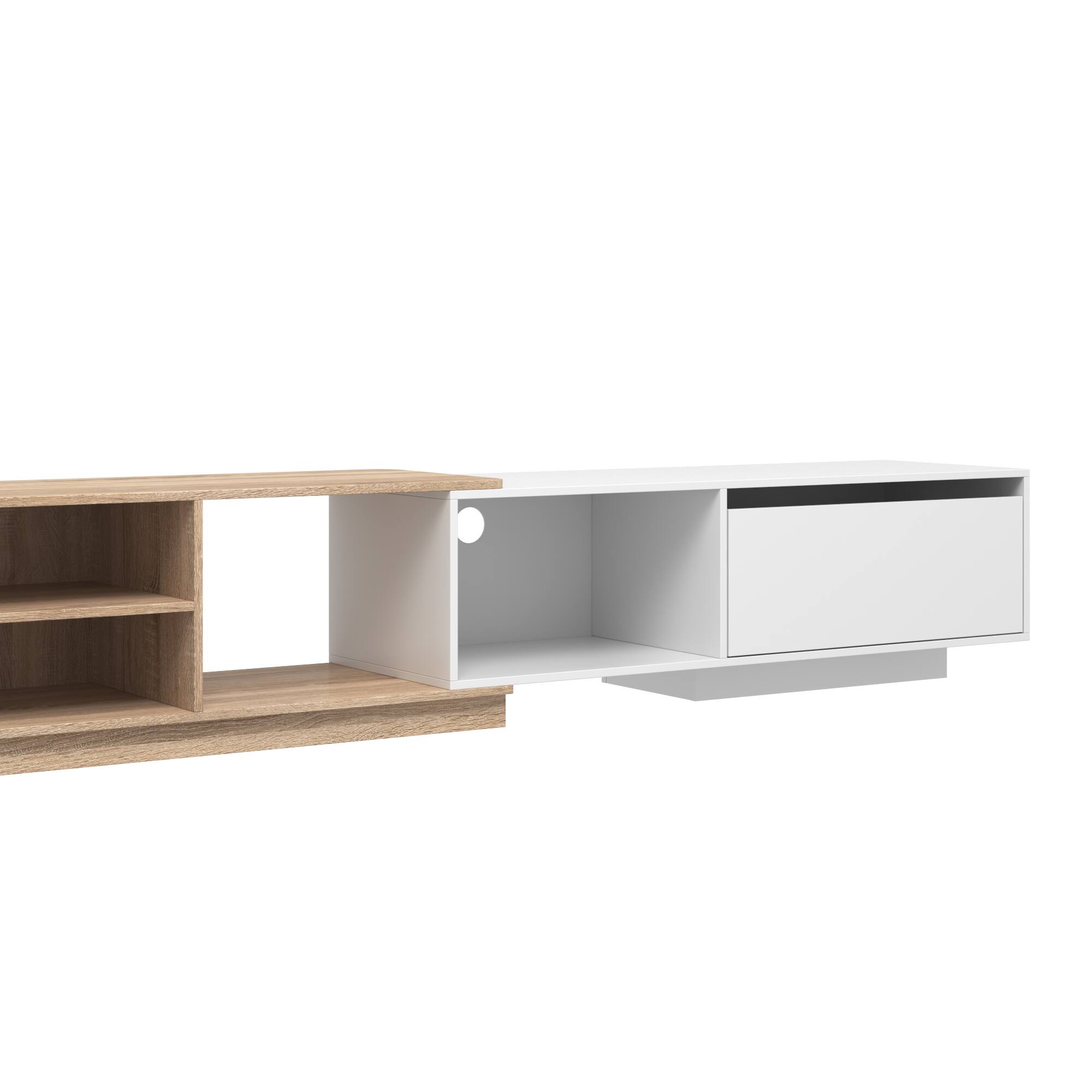 Alt View 4. Famapy - Extendable TV Stand, Modern Entertainment Center with Drawers, Open Shelves and Cable Management - White & Light Oak.