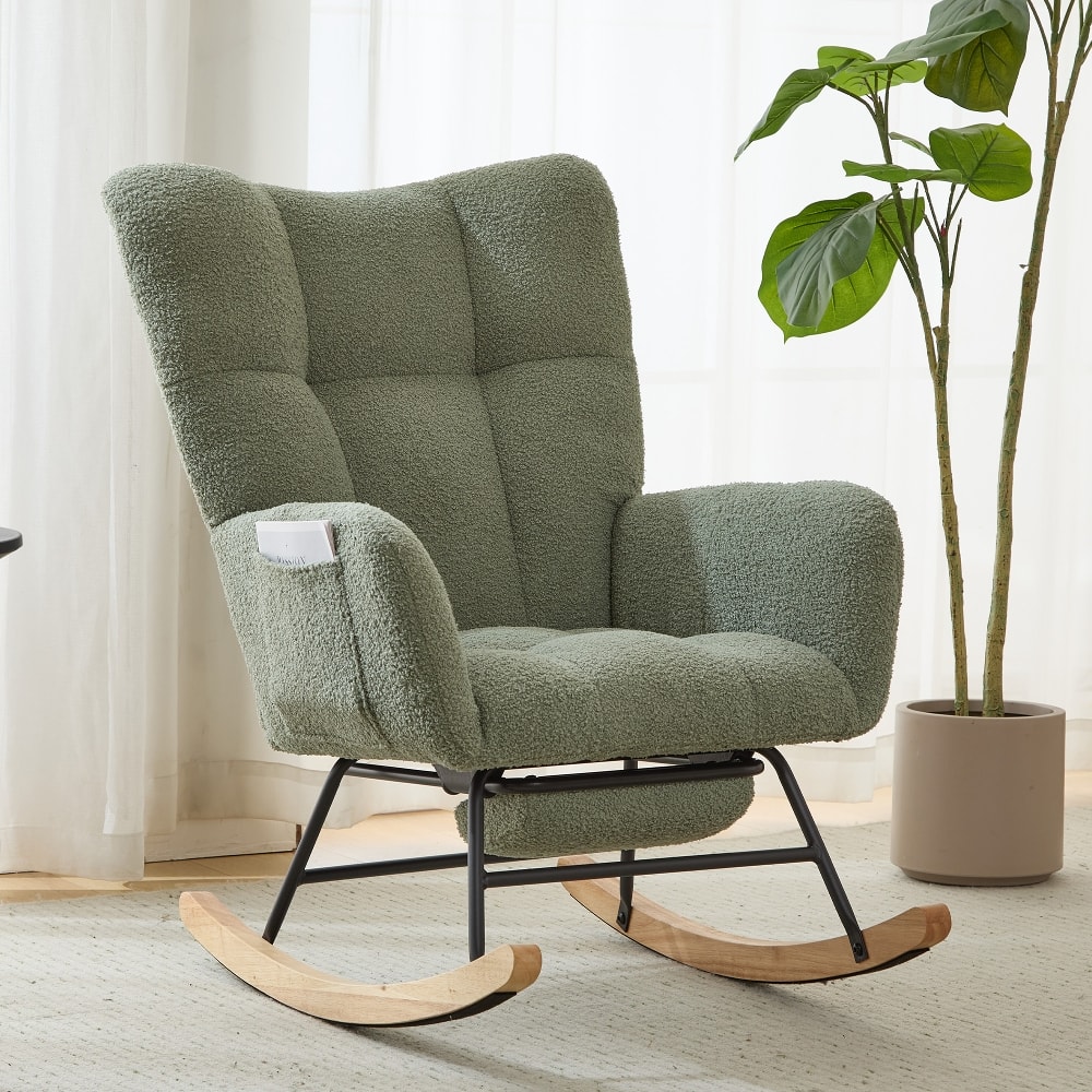 Loheer - Teddy Fabric Wingback Glider Rocker with Ottoman, Nursery Nursing Rocking Chair - Green