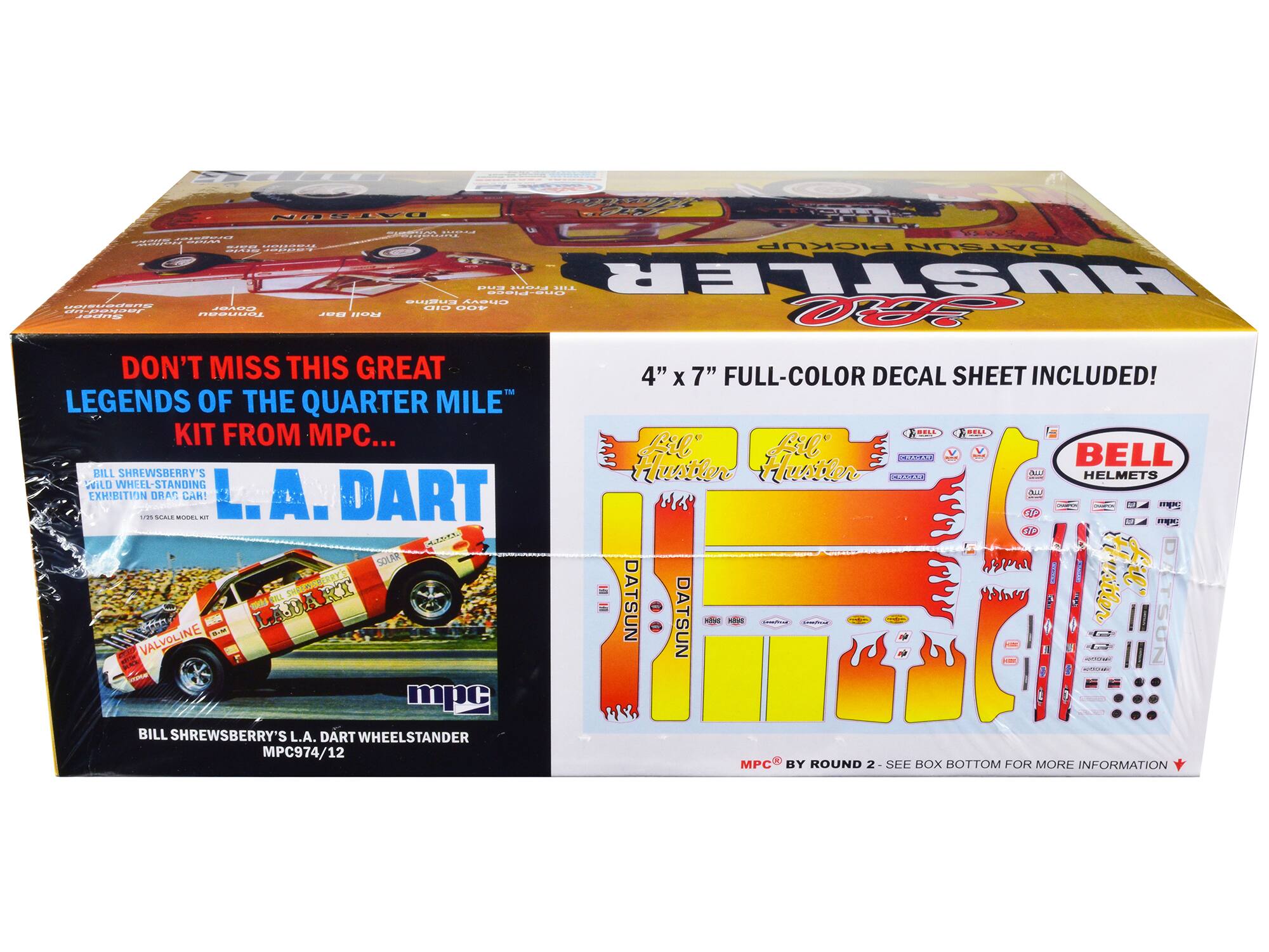 Sure, here is the corrected and grouped text from the image:

---

**Front of the Box:**

- DON'T MISS THIS GREAT
- LEGENDS OF THE QUARTER MILE™
- KIT FROM MPC...

- BILL SHREWSBERRY'S
- L.A. DART
- WILD WHEEL-STANDING EXHIBITION DRAG CAR!
- 1/25 SCALE MODEL KIT

- BILL SHREWSBERRY'S L.A. DART WHEELSTANDER
- MPC974/12

---

**Side of the Box:**

- 4" x 7" FULL-COLOR DECAL SHEET INCLUDED!

---

**Decal Sheet:**

- DATSUN
- DATSUN
- DATSUN
- DATSUN
- DATSUN
- DATSUN
- DATSUN
- DATSUN
- DATSUN
- DATSUN
- DATSUN
- DATSUN
- DATSUN
- DATSUN
- DATSUN
- DATSUN
- DATSUN
- DATSUN
- DATSUN
- DATSUN
- DATSUN
- D
