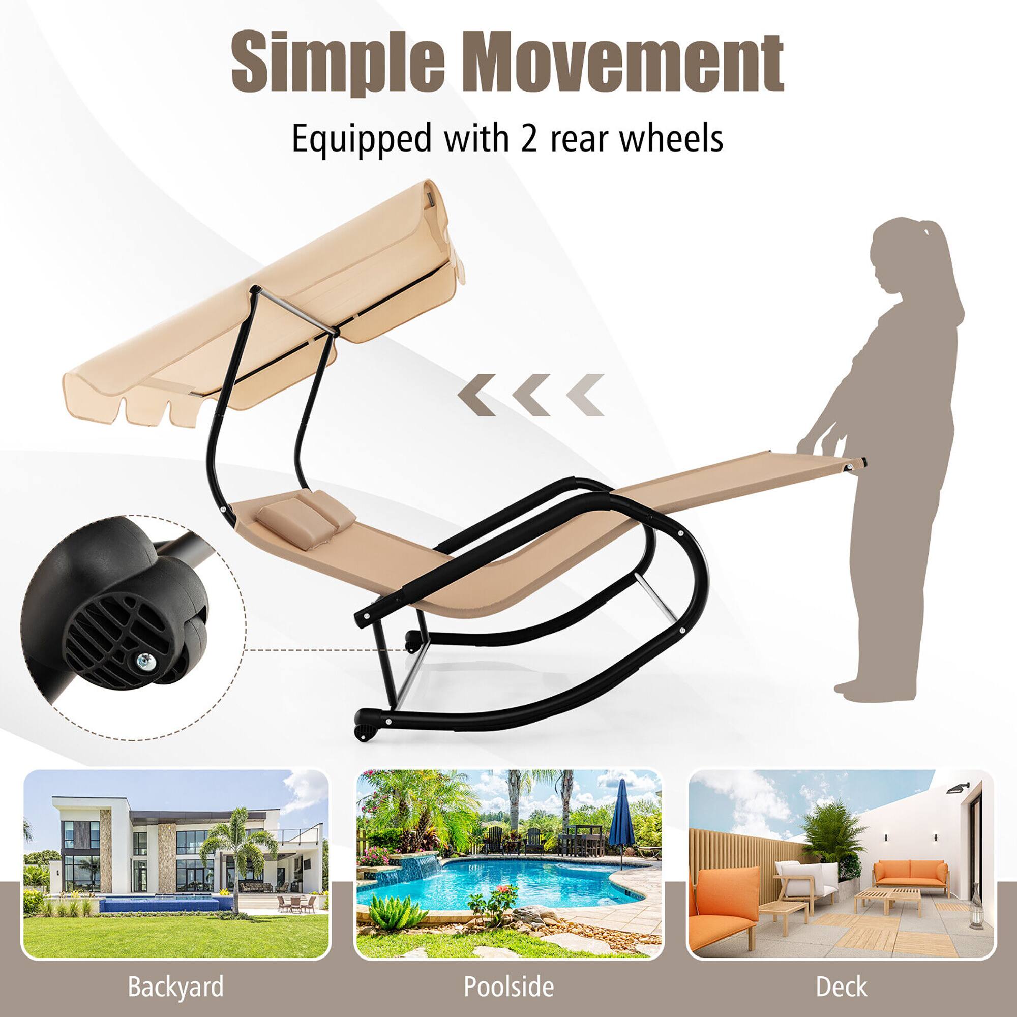 Simple Movement  
Equipped with 2 rear wheels  

Backyard  
Poolside  
Deck
