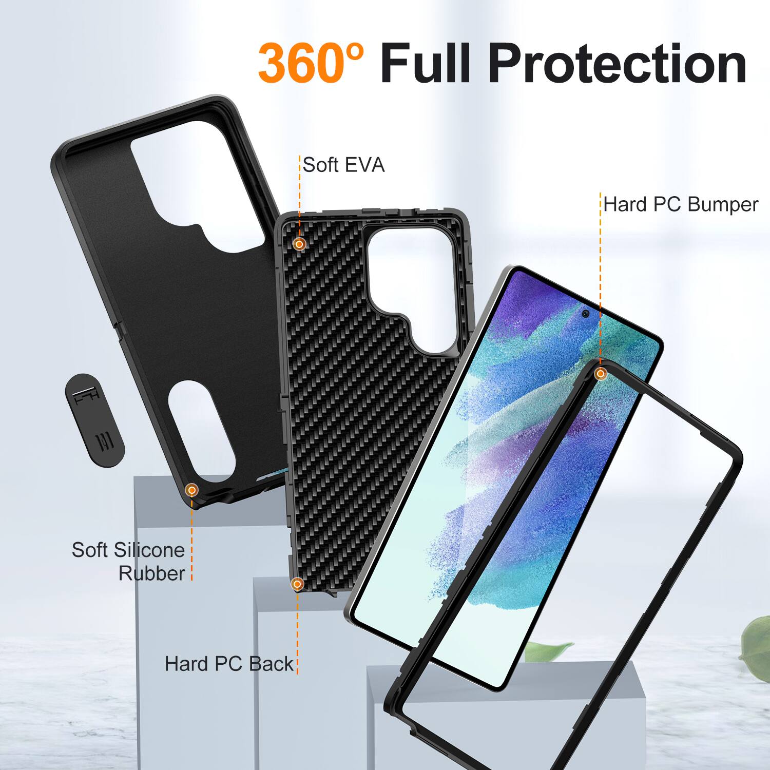 360° Full Protection

- Soft EVA
- Hard PC Bumper
- Soft Silicone Rubber
- Hard PC Back