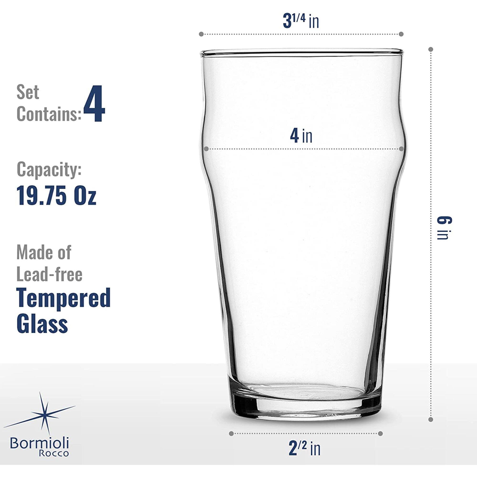 Set Contains: 4  
Capacity: 19.75 Oz  
Made of Lead-free Tempered Glass  
Bormioli Rocco  

3 1/4 in  
4 in  
6 in  
2 1/2 in