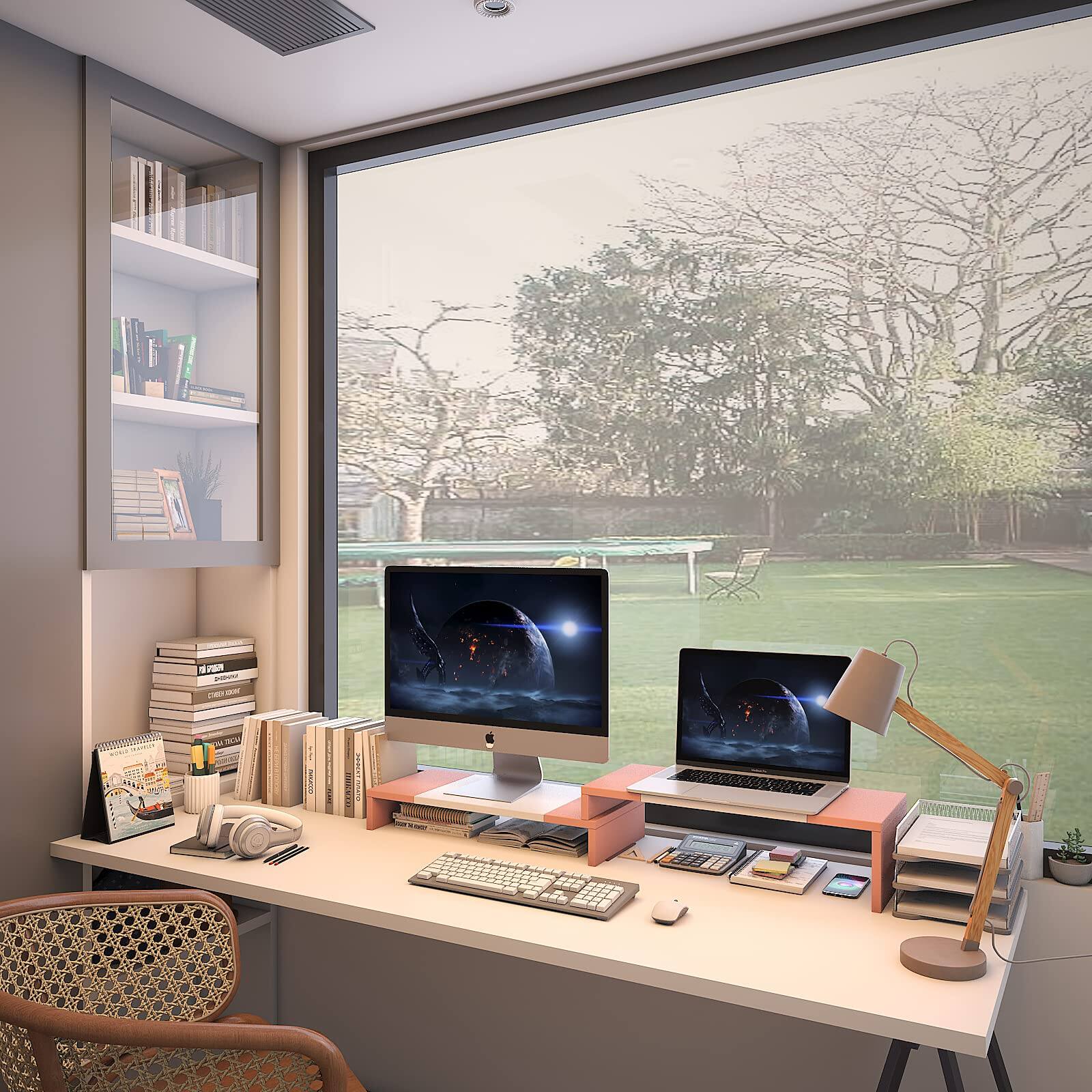 Alt View 2. Cedar Assembly - Dual Monitor Stand Riser 2 Shelf Computer With Adjustable Length And Angle Stands For 2 Monitors Desktop - Grey.