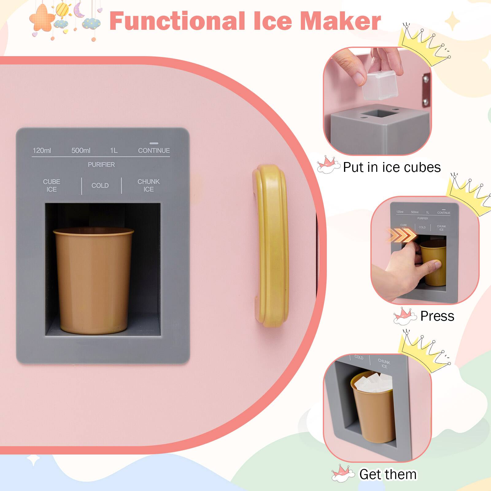 Functional Ice Maker

120ml
500ml
1L
- CONTINUE
CUBE ICE
PURIFIER
COLD
CHUNK ICE

Put in ice cubes

100ml
500ml
L
CONTINUE
APER
Color,
OU
CHENK Q

Press
COLD
CHUNK ICE

Get them